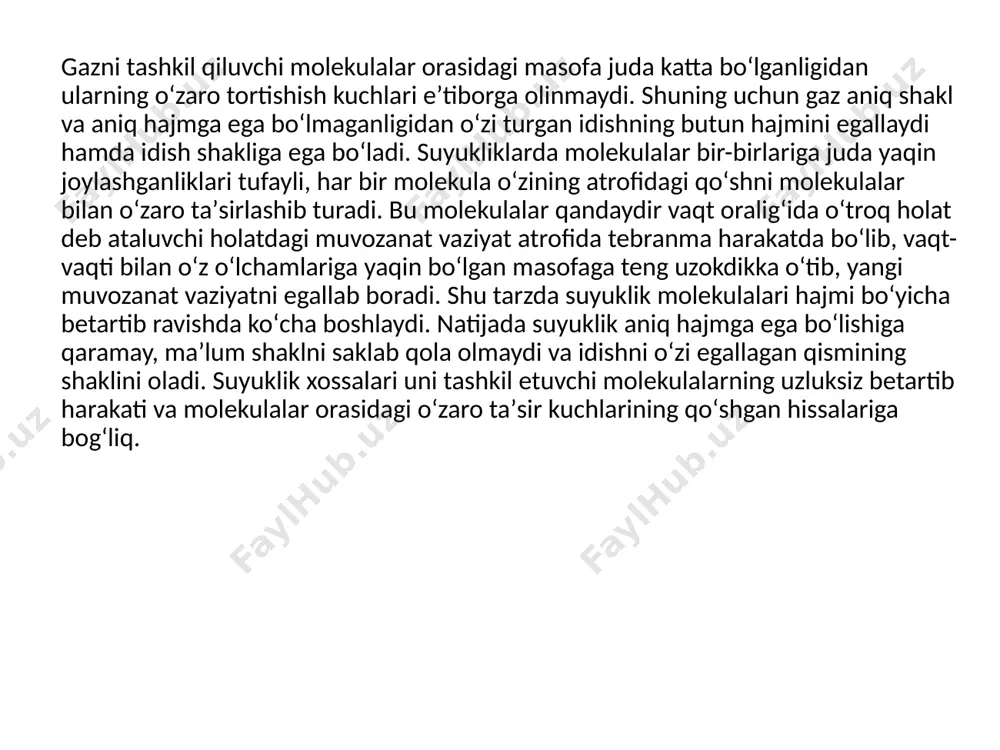 azsimon holatdagi moddaga kuchli ionlashtiruvchi omillar: o’ta tuqori temperatura (bir necha million gradus), kuchli elektr razryadi yoki elektromagnit nurlanish ta’sir etsa moddaning plazma holati vujudga keladi. bunda modda molekulalar va atomlar strukturalarining buzilishi (parchalanishi) sodir bo’lib, ular katta tezlikda harakatlanuvchi musbat yadro va elektrolardan iborat bo’lgan aralashmaga – plazmaga aylanadi. shuning uchun ba’zi hollarda lazmani elektrоn-yadro gazi ham deyiladi. shu narsa aniqlanganki, temperaturaning oshishi nafaqat molekulalar kinetik energiyasining oshishiga, balki molekulalarni tashkil etuvchi zarralar energiyasining ham oshishiga olib keladi. natijada, yetarlich yuqori temperaturada, molekulalar tarkibidagi zarralar o’rtasidagi bog’lanish buziladi – molekulalarning ionlarga ajralishi sodir bo’ladi, jism esa yangi agregat holat – plazma holatiga o’tadi. plazma holatidagi moddalar maxsus qurilmalar – plazma generatorlarida olinadi. bunda sanoat chastotasidagi o’zgaruvchan tokda va doimiy tokda ishlovchi elektr yoyli plazmatronlar keng qo’llaniladi. qisman ionlashgan plazmaning to’liq plazma holatiga o’tishi zarralar ilgarilanma harakati kinetic energiyasi shu moddanining ionizatsiya energiyasiga teng bo’lganda sodirbo’ladi. ma’lumki, uchqunli razryad yuqori …