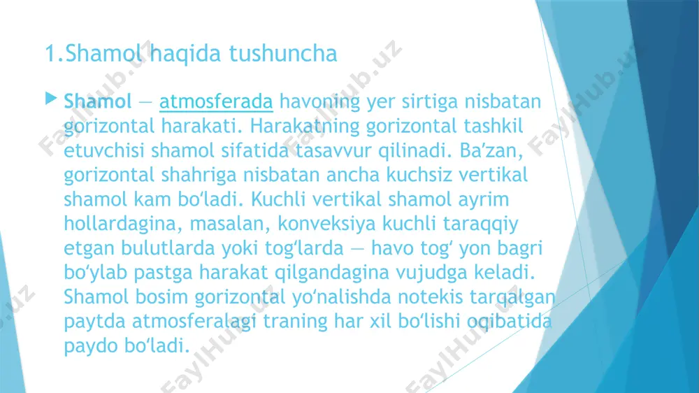 a harakatlanadi. bu shamollar yerning global iqlimiga, okean oqimlariga va atmosfera aylanishiga ta’sir ko‘rsatadi. 3.sayyoraviy shamollar tornado va quyun e’tiboringiz uchun rahmat image1.png image2.png image3.png image4.png image5.png image6.png /docprops/thumbnail.jpeg