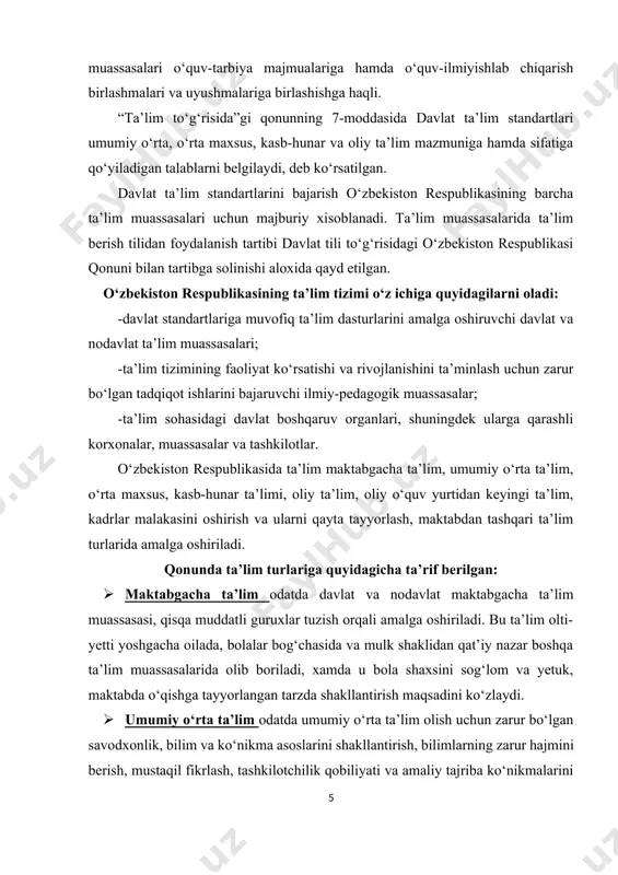 rga yo‘naltirilgan bilim olishlarini ta’minlash, o‘quvchining kasb-hunarga moyilligi, mahorat va malakasini chuqur rivojlantirish, tanlangan kasblar bo‘yicha bir yoki bir necha ixtisos olishni ta’minlash hisoblanadi. · oliy ta’lim oliy o‘quv yurtlarida (universitetlar, akademiyalar, institutlar va oliy maktabning boshqa ta’lim muassasalarida) amalga oshiriladi. oliy ta’limning asosiy maqsadi oliy ta’lim yo‘nalishlaridan biri (bakalavriat) yoki aniq mutaxassislik (magistratura) bo‘yicha puxta bilim berish hisoblanadi. · oliy o‘quv yurtidan keyingi ta’lim jamiyatning ilmiy va ilmiy- pedagogik kadrlarga bo‘lgan ehtiyojlarini ta’minlashga qaratilib, u oliy o‘quv yurtlari va ilmiy-tadqiqot muassasalarida (doktorantura, mustaqil tadqiqotchilik) amalga oshiriladi. · kadrlar malakasini oshirish va ularni qayta tayyorlash otmlarda, maxsus ta’lim muassasalarida, oliy maktablarda, qisqa muddatli o‘quv kurslarida yoki boshqa tashkilotlarda amalga oshirilishi mumkin bo‘lib, uning asosiy maqsadi kasb bilim va ko‘nikmalarni chuqurlashtirish hamda yangilashni ta’minlashga qaratiladi. · maktabdan tashqari ta’lim bolalar va o‘smirlarning yakka tartibdagi ehtiyojlarini qondirish, ularning bo‘sh vaqti va dam olishini tashkil etish, madaniy-estetik, ilmiy, texnikaviy, sport va boshqa yo‘nalishlarda …