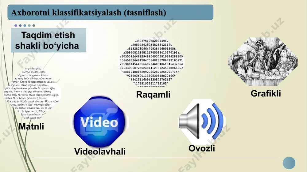 ademik yozuv 1 16 axborot almashinish tufayli jamiyat alohida jamiyat a’zolarini birlashtira oladi. agar insoniyat jamiyatini nazarda tutsak, ijtimoiy jamoa tuzumidagi odamlarning bargalikda ovga chiqishlari bir-birlari bilan axborot almashinishlari orqali amalga oshgan. axborotning birlashtiruvchilik roli hozirgi kunda ham o‘zgargani yo‘q – insonlarning katta jamoasini maqsad sari yo‘naltirishning boshqa usuli yo‘q (axborot almashishdan tashqari). axborot jamiyat hayotida boshqarish uchun qo‘llaniladi. jamiyat hayotining turli tomonlarini boshqarish uchun bir necha axborot vositalari (qurilmalari) yaratilgan. oddiy misol – yo‘l svetofori – harakat qatnashchilariga avtomatik tarzda ma’lum bir rangdagi signallarni yuborib yo‘l harakatini boshqaradi. akademik yozuv 1 17 elektron axborot resurslari kompyuter axborot tizimlarida qo‘llash uchun mo‘ljallangan. elektron to‘plagichlarning ixchamligi, katta hajmdagi ma’lumotlarni saqlay olishi, tez ishlashi hamda u bilan ishlashning qulayligi turli axborot resurslarini elektron shaklga akademik yozuv 1 (hujjatlarni va kitoblarni yordamida tasvirga olish) skanerlash, o‘tkazishni foto-, videokameralar taqozo etdi. elektron shakldagi axborot resurslari (elektron ensiklopediyalar, elektron kitoblar) tezlik bilan an’anaviy ko‘rinishdagilarni siqib …