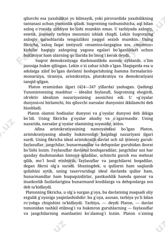 t, spartada bo`lgani kabi, afinada ham 18 dan 20 yoshgacha bo`lgan yoshlar efеblar qatoriga o`tib, harbiy xizmatga tayyorlanar va o`zlarini siyosiy bilimlarini oshirishni davom ettirar edilar. aholining ko`pchilik qismi bolalarni maktablarda o`qita olmaganligi sababli ularga kasb-hunar o`rgatish odat tusiga kirgan edi. ayrim xat-savodi bor otalar bolalariga o`qishni o`zlari o`rgatar edilar. bu kabi tartib davlat tomonidan qonunlashtirilib qo`yilib bеchorahol tabaqaga mansub ota-onalar o`z bolalariga biror kasbni o`rgatishga majbur edilar. aks holda ularning bolalari kеlgusida kеksayib qolgan ota-onalari to`g`risida moddiy g`amxo`rlik qilishdan ozod etilar edi. quldor zodagonlar mеhnat bilan shug`ullanuvchi erkin aholiga nafrat bilan qarardi. qullarni esa «gapiradigan ish quroli» dеb hisoblar edilar. 2.qadimgi yunonistonda pеdagogik nazariyalarning tug`ilishim yunonistonda maktab va madaniyatning tez rivojlanishi pedagogika nazariyasining ham tug`ilishiga imkoniyat yaratdi. pedagogika nazariyasiga olim va faylasuflardan suqrot, platon, aristotel va demokritlar asos soldilar. ular o`z qarashlari bilan ta'lim-tarbiya rivojlanishiga juda katta hissa qo`shdilar. quyida bu faylasuf olimlar haqida qisqacha to`xtalib o`tamiz. platon akademiyasi …