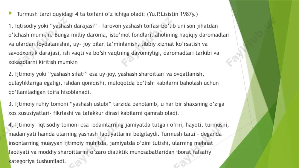 sh tarzi: organizmning yoshiga bog’liq xususiyatlarga va salomatlik holatiga mos kelishi, organizmning energiya ta’minotiga bulgan talabini iste’mol qilinayotgan oziq-ovqat maxsulotlari xisobiga to’la qondirilishi; organizmning mustahkam va jismoniy faol bo’lishi; belgilangan kun tartibiga rioya qilish, mexnat qilish va dam olishni mutanosib qilishga asoslanishi, hayot ritmlariga mos kelishi. ijtimoiy nuqtai nazardan esa: axloqiy pok bo’lish; iroda asosida boshqarish; go’zal bulishi; o’zini-uzi tarbiyalashga asoslanishi lozim. sog’lom turmush tarzi tushunchasi o’z tarkibiga: zararli odatlardan (tamaki chekish, spirtli ichimliklarni ichish va giyoxvandlik )tiyilish. muttasil ravishda jismoniy va xarakat faolligi, mo’’tadil harakatlanish tarbiga rioya kilish: tarkib jixatidan tenglashtirilgan va rastional ovqatlanish: organizmni chiniqtirish: shaxsiy va jamoatchilik gigienasi: ijobiy ehtiroslar, ziddiyatli vaziyatlardan o’zini chetga olish, stress holatlarini oqilona echimini topa bilish: tartibli mexnat qilish va to’laqonli dam olish: qulay ruhiy holatga ega bo’lish bilan ruxiy filiologik jixatdan qoniqib yashash: yuksak tibbiy faollikga ega bo’lish: iqtisodiy va madaniy jihatdan mustaqillik: o’z ishidan qoniqish hosil qilib yashash kabi yo’nalishlarni …