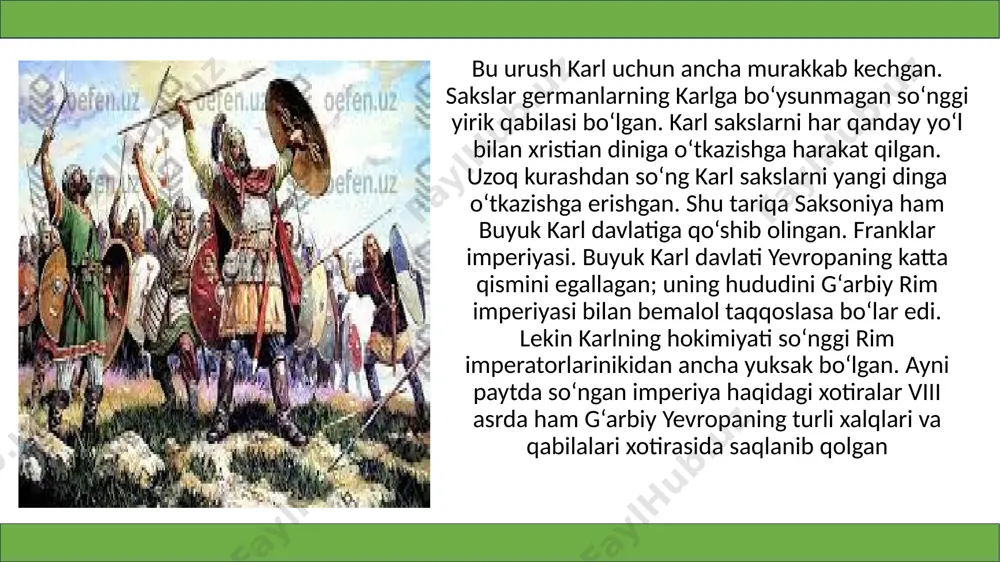 rchalanib ketadi. verden shahrida 843-yilda tuzilgan shartnomaga binoan vujudga kelgan qirolliklar o‘rnida, keyinchalik, fransiya, germaniya va italiya davlatlari tashkil topadi. bu qirolliklarning har biri gersoglik va grafliklarga, ular esa yirik va o‘rta feodal mulklariga bo‘lingan. shu tariqa yevropada feodal tarqoqlik davri boshlangan. image1.png image2.jpeg image3.jpeg image4.jpeg image5.jpeg /docprops/thumbnail.jpeg