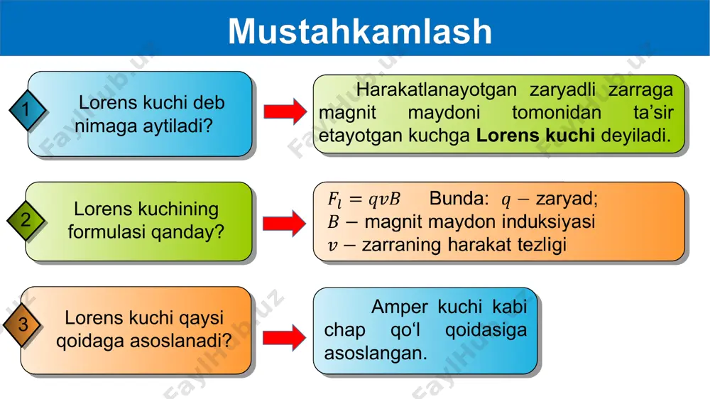 o‘tayotgan tok kuchini bir xil, lekin uning uzunligi 2 marta qisqa bo‘lgan boshqa elektromagnit bilan almashtirildi. demak, elektromagnitning tortishish kuchi g‘altakning uzunligi kvadratiga teskari proporsional bo‘lar ekan. elektromagnit yasalishi va qo‘llanilishi keling, oddiy elektromagnitni o‘z qo‘limiz bilan yasab ko‘ramiz. buning uchun mixga rangli plastinka yopishtiramiz va ingichka loklangan simni 100-150 ta o‘ram qilib mixga o‘raymiz. simning uchlaridan 15-20 cm qoldirib, uchlarini lokdan tozalaymiz. elektromagnit yasalishi va qo‘llanilishi zanjirni ulashdan oldin, mixga metall bo‘laklari (knopka, skrepka…) ga yaqinlashtirib, uni tortmayotganiga ishonch hosil qilamiz. zanjirni ulaymiz. endi mixga knopkani yaqinlashtirsak, tokli g‘altak ichidagi temir o‘zak magnitga aylanganiga guvoh bo‘lamiz. elektromagnit yasalishi va qo‘llanilishi bu hodisa texnikaning juda ko‘p sohalarida, jumladan, transport, telegraf, radio, televideniye, elektrotexnika va boshqa juda ko‘p sohalarda keng qo‘llaniladi. elektromagnit yasalishi va qo‘llanilishi temir parchalarini yuklashda katta quvvatli elektromagnitlar keng qo‘llaniladi. bunday ko‘tarma kranning qulayligi shundaki, tashilayotgan yuk biror tayanchga ortilmaydi va mahkamlanlan-maydi. elektromagnit krani tashish kerak bo‘lgan yukka …