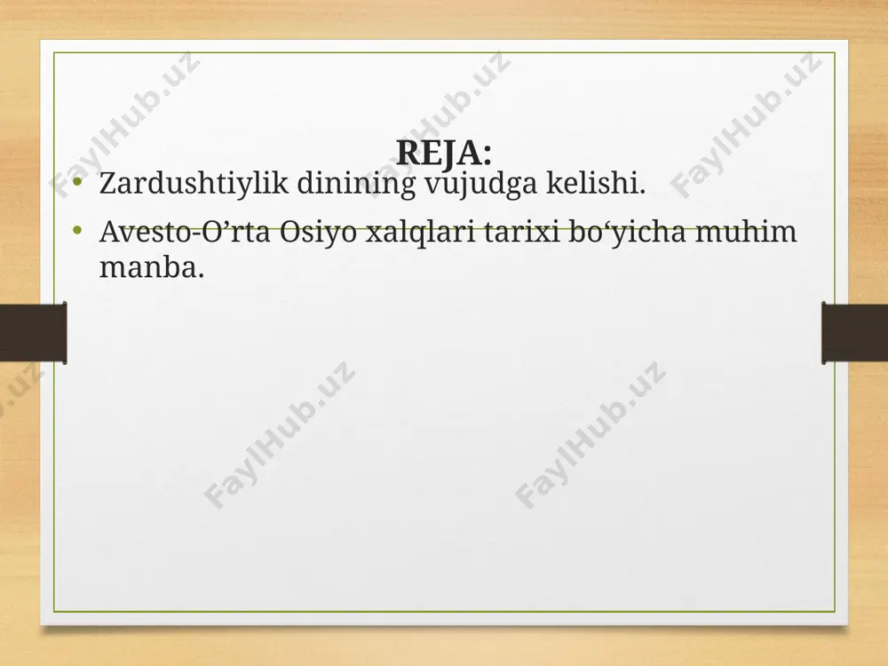 asi muqaddas yozuv sifatida zardushtiy ruhoniylari qo`lida saqlangan. kitobda keltirilgan ma’lumotlarning eng qadimgi qismlari milodan avvali 2-mingyillik oxiri, 1-mingyillik boshiga oid bo`lgan. avesto tarkibiga turli diniy urf-odatlar bayoni, axloqiy, huquqiy qonun-qoidalar va boshqalar qo`shilib borgan. avestodagi ko`p ma’lumotlar asosan og`zaki tarzda valoddan-avlodga o`tib kelgan. dastlabki yozma nusxasi esa 12 ming mol terisiga yozilgan deb rivoyat qilinadi. u axmoniylar sulolasining poytaxti sheroz yaqinidagi taxti jamshidga saqlangan. makedoniyalik iskandar eronni zabt etganda bu nusxa kuydirib yuborilgan. hozir fanda ma’lum bo`lgan avesto milodiy 6-asrda sosoniylar shohi husrav i anushirvondavri(531-579)da yozib olingangan. 7-asrda arablar sosoniylarni mag`lubiyatga uchratgach, zardushtiy ruhoniylarining bir qismi hindistonga o`tib ketgan. ularning avlodalari hozirgi avestoninh asl nusxasini saqlab kelmoqda. bizgacha yetib kelgan avesto 27 jilddan iborat bo`lib, ular asarning yettidan bir qismi xolos. avesto yana shu jihati bilan qimmatliki, unda ilk falsafiy ta’limotlar bilan ya`ni olam ikki qarama-qarshi kuch, yorug`lik bilan zulmatning, yaxshilik bilan yomonlikning to`xtovsiz kurashidan ibort. yaxshilik va ezgulik …