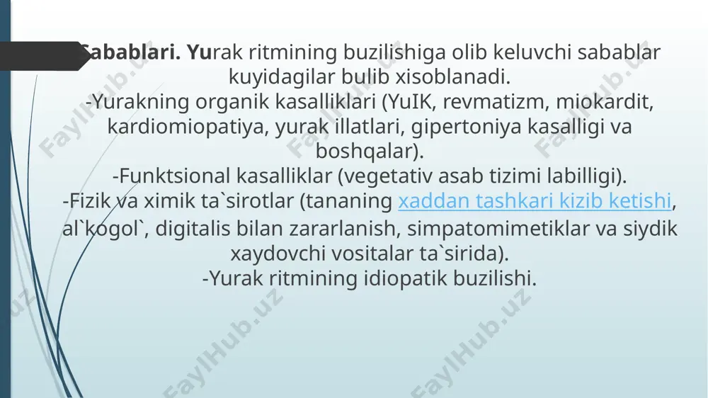 eksining oldida keladi va musbat buladi. r-r masofa uzaygan, юrak urishlari soni 40 -59 ta atrofida buladi. sinus aritmiyasi. sinus aritmiyasi deb sinus ritmi saklangan xolda davriy ravishda yurak kiskarishlari sonining tezlashib yoki sekinlashib turishiga aytiladi.sinus aritmiyasi xam fiziologik va patologik bulishi mumkin. fiziologik sinus aritmiyasi yosh bolalarda, usmirlarda nafas olish bilan boglik bulishi mumkin va ularni nafas aritmiyasi deyiladi. patologik sinus aritmiyasi lixoradka xolatida, upka emfizemasida, bosh miya bosimi oshishida, tireotoksikozda, revmatizmda, miokard infarktida, юrak illatlarida kuzatilishi mumkin. sinus aritmiyasida elektrokardiografik 2 xil uzagrish kuzatiladi. sinus ritmi saklanganligi, ya`ni r tishcha korinchalar kompleksining oldida keladi va musbat buladi. r – r interval davomiyligining bir-biridan 0,15 sekunddan kuprok farklanishi. sinus aritmiyasida bemorlar deyarlik shikoyat kilmaydi. shuning uchun davolashga xam extiyoj bulmaydi sinus tuguni kuvvatsizligi sindromi. sinus tuguni kuvvatsizligi sindromida, sinus tuguni uzining asosiy funktsiyasi – ritm boshlovchisi vazifasini bajarolmay kolishi tufayli yuzaga keladi. sinus tuguni kuvvatsizligi sindromida sinus bpadikardiyasi, ektopik …