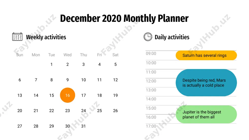 g red, mars is actually a cold place venus has a nice name, but it’s terribly hot december 2020 monthly planner week 01 nov 29 - dec 5 jupiter is a gas giant and also the biggest planet week 03 dec 13 - dec 19 venus has a beautiful name, but it’s terribly hot week 02 dec 6 - dec 12 despite being red, mars is a cold place week 05 dec 27 - jan 3 saturn a gas giant made of hydrogen and helium week 04 dec 20- dec 26 earth is where we live on december 2020 monthly planner december monday tuesday wednesday thursday friday saturday su 1 2 3 4 5 6 7 8 9 10 11 12 13 14 15 16 17 18 19 20 21 22 23 24 25 26 27 28 29 30 31 december 2020 monthly planner mon wed thu fri sat sun …
