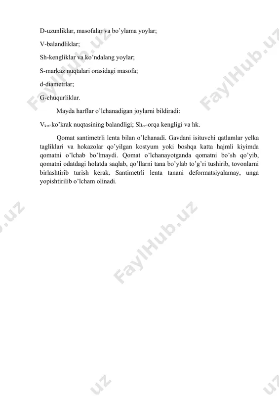 bo’yicha o’lchanadi. 2. bo’yin asos nuqta balandligi vb.a.n poldan bo’yin asos nuqtasigacha bo’lgan masofa vertikal bo’yicha o’lchanadi. 3. bo’yin nuqta balandligi vb.n poldan bo’yin nuqtasigacha masofa vertikal o’lchanadi. 4. yelka nuqta balandligi ve.n poldan yelka nuqtasigacha masofa vertikal o’lchanadi. 5. orqa qo’ltiq osti burchagining balandligi vor.q.b poldan vertikal bo’yicha orqa qo’ltiq osti burchagigacha masofa. 6. ko’krak balandligi vk bo’yin asos nuqtasidan ko’krak uchi nuqtasigacha vertikal o’lchanadi. 7. bo’yin aylanasi ob santimetr lentaning ostki cheti bo’yin nuqtasiga yotqiziladi. yondan va olddan lenta bo’yin asosidan o’tib, o’mrov nuqtasida biriktiriladi. 8. ko’krakning birinchi aylanasi ok1 santimetr lenta gavda ort qismi bo’ylab qo’ltiq chuqurligining oldingi va ortki burchaklariga tegib, oldinda ko’krak bezlari asosining ustidan gorizontal o’tadi. 9. ko’krakning ikkinchi aylanasi ok2 santimetrli lenta kuraklarining turtib chiqqan nuqtalari bo’ylab, qo’ltiq chuqurligining oldingi va ortki burchaklariga tegib, oldinda ko’krakning turtib chiqqan nuqtalari bo’ylab gorizontal o’tadi. 10. ko’krakning uchinchi aylanasi ok3 santimetrli lenta ko’krakning turtib chiqqan nuqtalari …
