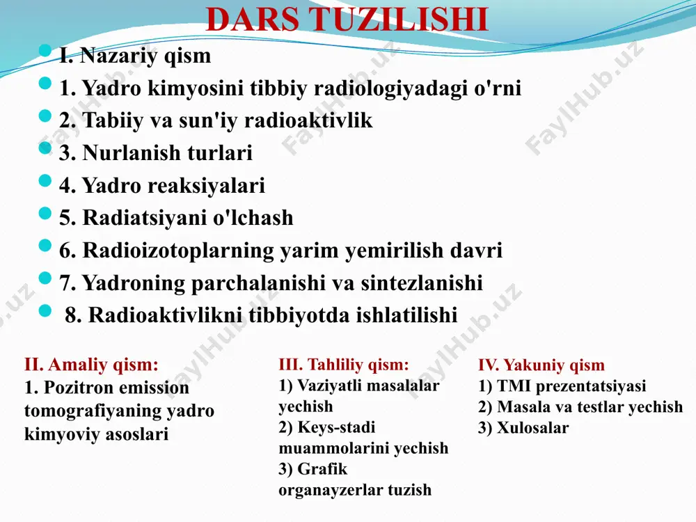nurlanish kasalliklari belgilari: ko'ngil aynish, qusish, holsizlik va oq qon tanachalarining soni kamayishi kuzatiladi. tanadagi nurlanish 300 berdan oshib ketsa leykotsitlar miqdori nolga tushib ketishi ham mumkin. bunda odam ich ketishi, soch to'kilishi va infeksiyadan aziyat chekadi. nurlanishning 500 ber darajasi shu miqdorda nurlangan odamlarning 50% ida o'limga olib kelishi mumkin. tananing 600 ber dan yuqori darajada nurlanishi barcha odamlar uchun halokatli bo'lishi mumkin. radioaktivlikni tibbiyotda ishlatilishi organizmda biron bir a'zo holatini aniqlash uchun radiolog shu a'zoda to'planib qoladigan radioizotoplarni ishlatadi. organizm hujayralari radioaktiv izotopni radioktiv bo'lmaganidan ajratib o'tirmaydi, shuning uchun organizmga yuborilgan izotoplar oson qo'shilib ketadi. radioaktiv atomlar nur tarqatib turganligi uchun, ularni topib olish oson bo'ladi. rakni davolash uchun radioaktiv izotop bilan to’ldirilgan urug’lar organizmga implant qilinadi . (a) skaner a'zolarda to'plangan radioizotop chiqarayotgan nurni aniqlash uchun ishlatiladi. (b) skanerlangan qalqonsimon bez tasvirida iod-131 to'planganligi ko'rinadi. radioizotoplar yordamida skanerlash kt kompyuterli tomografiya kt bosh miyadagi o’smani (sariq rangda) …