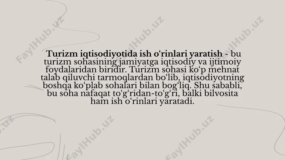 tajribalar: onlayn ekskursiyalar va virtual turlar orqali ham daromad olish imkoniyati mavjud. 4. transport va logistika: havo transporti: xorijiy va mahalliy aviatashuvchilar orqali chiptalar sotishdan olinadigan daromad. yer usti transporti: taksilar, avtobuslar, ijaraga beriladigan avtomobillar va velosiped xizmatlari. yo‘l haqlari: ko‘priklardan, tunnel va maxsus yo‘llardan foydalanish uchun olinadigan to‘lovlar. 5. suvenir va hunarmandchilik mahsulotlari savdosi: mahalliy mahsulotlar: milliy suvenirlar (matolar, keramika buyumlar, san’at asarlari) sotuvlari. qo‘l mehnati mahsulotlari: mahalliy hunarmandlar tomonidan tayyorlangan mahsulotlar. bozorlar va savdo markazlari: turistlar uchun maxsus tashkil etilgan bozor va yarmarkalardan tushadigan daromad. 6. soliq tushumlari: turizm soliqlari: xorijiy turistlarga qo‘yiladigan maxsus soliqlar (masalan, mehmonxona soliqlari, aeroport yig‘imlari). qo‘shilgan qiymat solig‘i (qqs): mehmonxona, restoran va boshqa xizmatlardan olinadigan qqs tushumlari davlat byudjetiga tushadi. eksport soliqlari: suvenirlar va boshqa mahsulotlarning eksportidan olinadigan daromad. 7. ekstremal va ekologik turizm: ekoturizm: tabiatga yaqin hududlarda sayohat qiluvchilardan olinadigan kirish haqlari va xizmat to‘lovlari. sport turlari: tog‘ chang‘isi, sho‘ng‘in, alpinizm kabi …