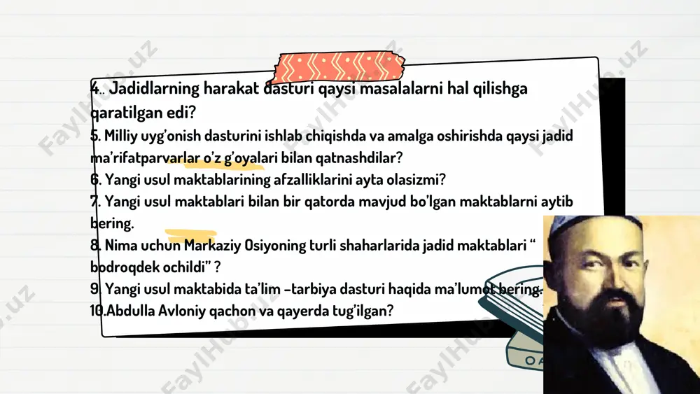 salar chiqarish, taqqoslash, qiyoslash orqali axborotni o’zlashtirish, xulosalash, shuningdek ijodiy fikrlash ko’nikmalarini shakllantirishga xizmat qiladi fikringizni bayon eting : “agar kishi yoshligidan nafsi buzulib, tarbiyasiz o’sdimi, ollohu akbar unday kishidan kutmoq yerdan turib yulduzlarga qo’l uzatmoq kabidur.” fikringizni isbotlashga misol keltiring fikringiznin g bayoniga sabab ko’rsating: umumlashitiring 7-topshiriq. quyida keltirilgan abdulla avloniy tomonidan yaratilgan maktablar, asarlar, darsliklar bilan tanishing va guruhlarga ajrating. 1. usuli savtiya. 2. birinchi muallim. 3. turkiy guliston yohud axloq.4. advokatlik osonmi. 5. ikkinchi muallim. 6. maktab gulistoni. 7. pinak. 8. ikki sevgi. 9. biz va siz. 10. portugaliya inqilobi. 11. vatan. maktablar asarlar darsliklar