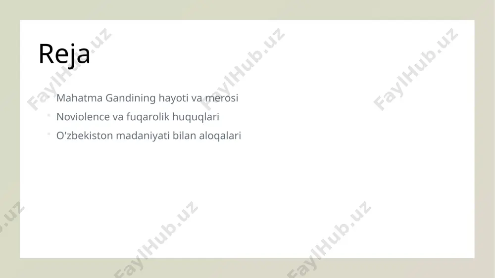 kamladi. mahatma gandhi: madaniyatlararo aloqalar va global ta'siri. 1 madaniyatlararo aloqalar gandhi xalqaro madaniyatlar orasida tinchlik va adolatni targ'ib qiluvchi muhim arbob sifatida tanilgan. u hind, musulmon va boshqa madaniyatlar o'rtasida o'zaro aloqalarni rivojlantirdi. 2 global ta'sir gandhi ning nonviolence falsafasi butun dunyo bo'ylab fuqarolik huquqlari harakatlariga ilhom berdi. uning yondashuvi, amerikaning martin luther king va janubiy afrikadagi nelson mandela kabi yetakchilarni ta'sir qildi. 3 o'zbekiston aloqalari gandhi o'z vaqtida o'zbekiston madaniyatida tinchlik va adolatni ulug'laydigan qadriyatlar bilan bog'liq bo'lgan. uning falsafasi o'zbek xalqining tarixiy an'analari bilan uyg'unlashadi. mahatma gandining noviolentlik falsafasi va uning ta'siri. 1 mahatma gandining tushunchasi mahatma gandhi noviolentlikni inson huquqlarini himoya qilishda kuchli vosita sifatida ko'rdi, bu esa jamiyatda o'zgarishlar yaratdi. 2 noviolentlikning ta'siri gandining noviolentlik falsafasi, 20-asr fuqarolik huquqlari harakatlariga asos bo'lib, ko'plab davlatlarda tinch kurashni rag'batlantirdi. 3 o'zbekistondagi aks-sado o'zbekistonda, gandhi falsafasining ta'siri madaniyat va siyosatga kirib, tinchlik va adolat uchun kurashda muhim ahamiyatga …