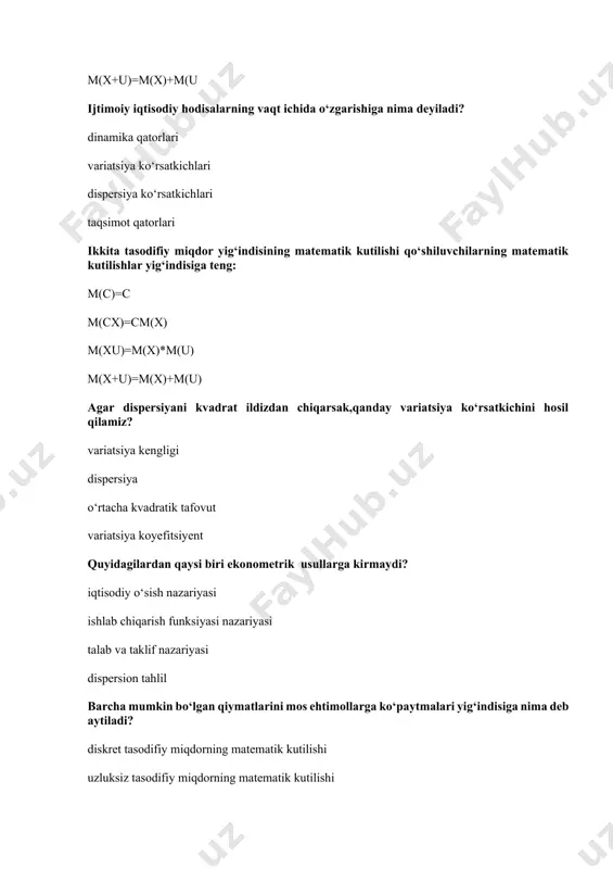 toq korrelyatsiya; korrelyatsion-regression tahlilning uchinchi vazifasini nima tashkil etadi? bog‘lanish zichligi va kuchini o‘lchash; omil belgibilan natijaviy belgi o‘rtasidagi bog‘liqlik aniqlash; belgilar o‘rtasidagi bog‘lanishni ifodalovchi regressiya tenglamasini aniqlash; bog‘lanishni ifodalovchi regressiya tenglamasining parametrlarini hisoblash funksiyalar parametrlari odatda “____________” usuli bilan aniklanadi. eng kichik kvadratlar; katta sonlar qonuni; qo‘shish usuli; ayirish; parabola, giperbola, darajali funksiya, ko‘rsatkichli funksiya, trigonometrik funksiya va boshqalar ko‘rinishida modellar anday modellar hisoblanadi?. chiziqsiz modellar to‘g‘ri chiziqli modellar ideal modellar nazariy modellar chiziqli bir omilli model qurishda uning ayrim kamchiliklariga ega asosiy omil cheksiz o‘zgaradi. uning chiziqli ko‘rinishi modelni jarayonning bitta omil yordamida o‘rganadi kamchiligi yo‘q turli ko‘rinishga ega ishlab chiqarish funksiyalari, analitik ko‘rinishi bo‘yicha ikki guruhga bo‘linadi: to‘g‘ri chiziqli va egri chiziqli. dinamik va statistik bir omilli va ko‘p omilli egiluvchan va egilmas model ichida, hisob-kitoblar asosida shakllanuvchi o‘zgaruvchilar bu: endogen o‘zgaruvchilar ekzogen o‘zgaruvchilar doimiy omillar tashqi omillar korrelyatsion tahlil asoschilari ...........nomlari bilan bog‘liqdir. f.galton va k.pirson …