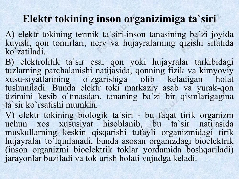 unlay so’nmagan, hujayralarda malum modda almashinuv jarayonlari davom etadi va bu organizmning minimal hayot faoliyatini davom ettirishiga etarli bo’ladi, shuning uchun tashqi tasir natijasida hayot faoliyatini yo’qotgan organizmning bazi bir qismlarini tiklash natijasida uni hayotga qaytarish imkoniyati bor. klinik o’lim holati 5-8 min davom etadi. hech qanday yordam bo’lmagan taqdirda eng oldin bosh miya qobig’idagi xujayralar parchalanadi va klinik o’lim h’olati biologik o’lim h’olatiga o’tadi. biologik o’lim - qaytarib bo’lmaydigan jarayon bo’lib, organizmdagi biologik jarayonlar butunlay to’xtashi bilan xakterlanadi shuningdek organizmdagi oqsil strukturalari parchalanadi. bu klinik o’lim vaqti tugagandan keyin ro’y beradi. tokning inson organizmiga tasiri bir necha omillarga bog’liq. asosiy omillardan biri insonga tok tasirining davomliligi, yani inson tok tasirida qancha ko’p qolib ketsa, u shuncha ko’p zararlanadi. i̇kkinchi omil sifatida inson organizmining shaxsiy xususiyatlari va shuningdek tokning turi va chastotasi katta rol o’ynaydi. tok ta`siriga tushgan kishiga birinchi yordam ko`rsatish elektr toki ta`siriga tushgan kishiga tibbiyot muassasasiga yuborgunga …