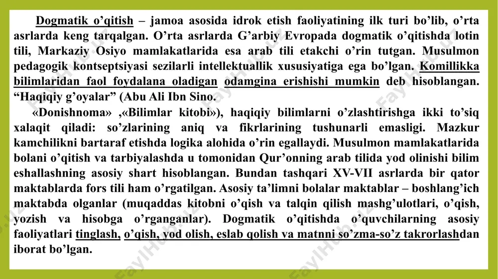 y tashkiliy shakli. dars- o’quv ishlarining markaziy qismi. hozir maktablarimizda qo’llanilayotgan sinf-dars tizimi quyidagi tashkiliy shakllarda olib boriladi: 1. har qaysi sinf yoshi va bilimiga ko’ra bir xil darajadagi bolalarning doimiy guruhiga ega bo’ladi. 2. dars mashg’uloti asosan 45 daqiqaga mo’ljallangan bo’lib, qat’iy jadval asosida olib boriladi. 3.dars bevosita o’qituvchining rahbarligida jamoa va yakka shaklda olib boriladi. 4.dars o’tilayotgan materialning mazmuniga qarab xilma-xil usul bilan olib boriladi, ta’lim tizimining bir qismi sifatida albatta tugallangan bilim beradi va navbatdagi bilimlarni o’zlashtirish uchun zamin yaratadigan qilib uyushtiriladi. 8 ayni paytda, maktablarimizda ta’limni tashkil qilish shakllari ikki turda olib borilmoqda: sinf-dars shaklidagi olib boriladigan mashg’ulotlar. amaliy va tajriba ishlari shaklida olib boriladigan mashg’ulotlar. sinf-dars shaklida olib boriladigan mashg’ulotlar o’qituvchining kundalik o’quv materialini tizimli bayon qilib berishni, xilma-xil usullardan foydalanishni, o’quvchilarning bilim, ko’nikma va malakalarini izchillik bilan hisobga olib borishni o’quvchilarni mustaqil ishlarga o’rgatishni o’z ichiga oladi. amaliy va tajriba ishlari shaklida olib boriladigan …