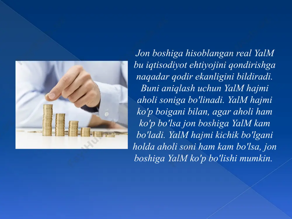 iq. aqsh da bir yil davomida olingan bilim keyinchalik shu o'qigan kishining ish haqisini 10% oshiradi, chunki bu unumdorlikning ortishiga olib keladi. bilimdonlar qanchalik ko'p bo'lsa, shunchalik ilmiy kashfiyot va texnologik ixtiro ko'p bo'ladi. ular ishlab chiqarishga kirib borib, mehnat unumdorligini oshiradi. ilg'or mamlakatlarda mehnat unumdorligi o'sishining 2- qismini texnologik yangiliklar beradi. kengaytirilgan takror ishlab chiqarish jarayonida yaratilgan mahsulotlarning bir qismi iste'mol etilib yuborilsa, boshqa bir qismi jamg'arilib, milliy boylikka kelib qo'shiladi. milliy boylik va iqtisodiy salohiyat keng ma'noda milliy boylikka bulardan tashqari to'planilgan bilimlar, kasbiy malaka va tajriba ham kiritiladi. milliy boylik bu ayrim millat yoki elat boyligi emas, balki muayyan mamlakatning umumiy boyligidir. e’tiboringiz uchun rahmat image2.png image3.jpeg image4.jpeg image5.jpeg image6.jpeg image7.jpeg image8.jpeg image9.jpeg image10.jpeg image11.jpeg image12.jpeg image13.jpeg /docprops/thumbnail.jpeg