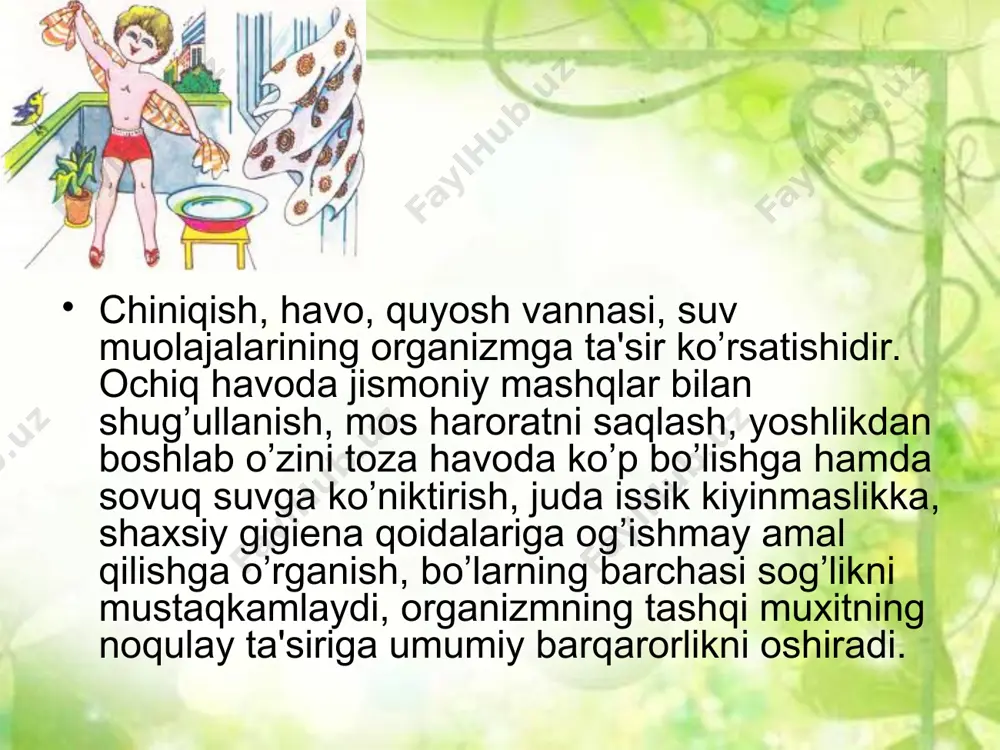 i chiniqtiruvchi vosita bo’lib xizmat qiladi. chiniqish muolajalari bilan organizmni kasalliklarga chidamliligi ortadi. chiniqish muolajalarini dastur asosida har qanday sharoitda tashkil etish mumkin. oyoqlarga, badan qismlariga suv quyishdan tortib to suvda cho’milish va suzish mashqlari barchasi suv muolajalari hisoblanadi. jismoniy tarbiya va sport mashg’ulotlaridan so’ng issiq dush qabul qilish yoki hammom va saunaga tushish og’ir jismoniy yuklamalar ta'sirini kamaytiradi hamda sportchilarni tеz tiklanishiga yordam bеradi.