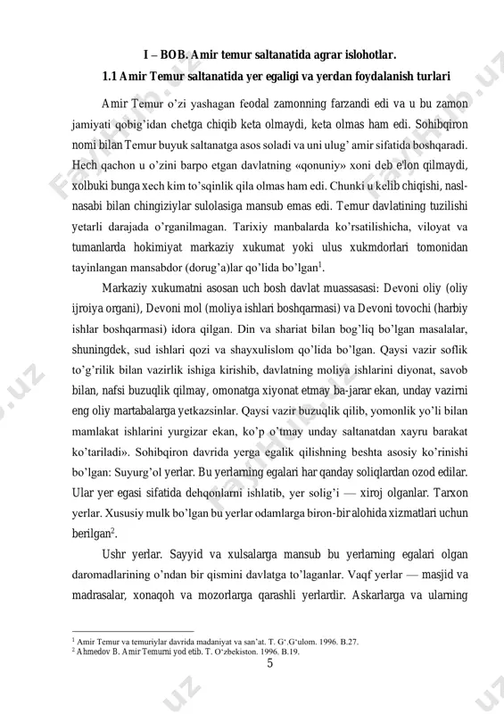 hib, davlatning moliya ishlarini diyonat, savob bilan, nafsi buzuqlik qilmay, omonatga xiyonat etmay ba-jarar ekan, unday vazirni eng oliy martabalarga yеtkazsinlar. qaysi vazir buzuqlik qilib, yomonlik yo’li bilan mamlakat ishlarini yurgizar ekan, ko’p o’tmay unday saltanatdan xayru barakat ko’tariladi». sohibqiron davrida yerga egalik qilishning bеshta asosiy ko’rinishi bo’lgan: suyurg’ol yerlar. bu yerlarning egalari har qanday soliqlardan ozod edilar. ular yer egasi sifatida dеhqonlarni ishlatib, yer solig’i — xiroj olganlar. tarxon yerlar. xususiy mulk bo’lgan bu yerlar odamlarga biron-bir alohida xizmatlari uchun berilgan2. ushr yerlar. sayyid va xulsalarga mansub bu yerlarning egalari olgan daromadlarining o’ndan bir qismini davlatga to’laganlar. vaqf yerlar — masjid va madrasalar, xonaqoh va mozorlarga qarashli yerlardir. askarlarga va ularning 1 amir temur va temuriylar davrida madaniyat va san’at. t. g‘.g‘ulom. 1996. b.27. 2 ahmedov b. amir temurni yod etib. t. о‘zbekiston. 1996. b.19. 6 boshliqlariga ajratib beriladigan yerlar mavjud bo’lgan. amir dеvonida yer ishlari, soliqlar, boj yig’ish, …