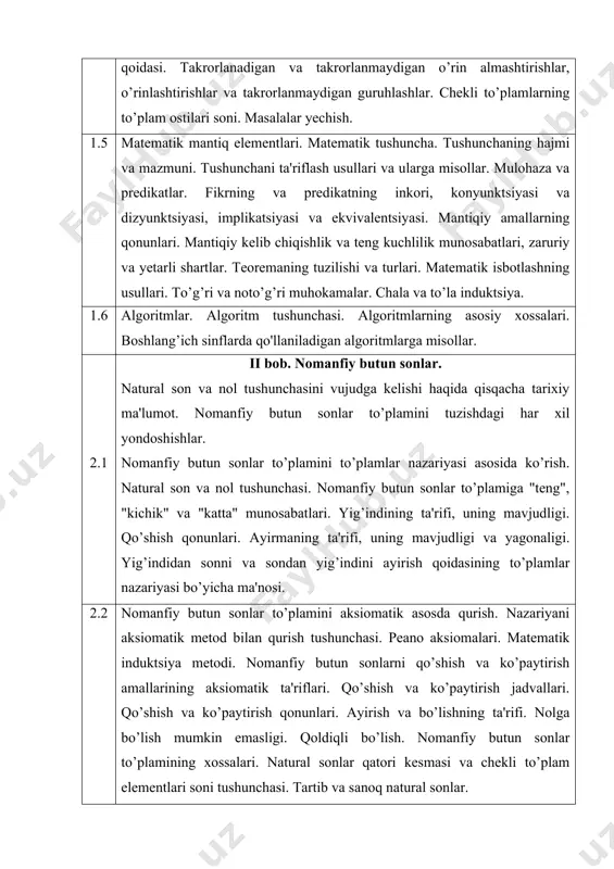 noq sistemalari. o’nli pozitsion sanoq sistemasida sonlarning yozilishi va o’qilishi. o’nli sanoq sistemasidagi nomanfiy butun sonlar ustidagi arifmetik amallarning algoritmi. o’ndan farqli pozitsion sanoq sistemalari: sonlarning yozilishi, arifmetik amallar, bir sanoq sistemasida yozilgan sonni boshqa sanoq sistemasida yozishga o’tkazish. nomanfiy butun sonlar ustida og’zaki va yozma ravishda arifmetik amallar bajarish texnikasi. 2.5 sonlarning bo’linishi. nomanfiy butun sonlar to’plamida bo’linish munosabatining ta'rifi va xossalari. nomanfiy butun sonlar yig’indisi, ayirmasi va ko’paytmasining bo’linishi. 2, 3, 4, 5, 9, 25ga bo’linish alomatlari. tub va murakkab sonlar. eratosfen g’alviri. tub sonlar to’plamining cheksizligi. sonlarning eng kichik umumiy karralisi va eng katta umumiy bo’luvchisi, ularning asosiy xossalari. murakkab songa bo’linish alomati. arifmetikaning asosiy teoremasi. berilgan sonlarning eng katta umumiy bo’luvchisi va eng kichik umumiy karralisini topish algoritmi. 3.1 iii bob. son tushunchasini kengaytirish. son tushunchasini kengaytirish masalasi. kasr va manfiy son tushunchasining vujudga kelishi haqida qisqacha tarixiy ma'lumot. butun sonlar. butun manfiy sonlar. sonning moduli …