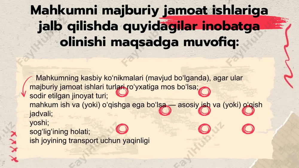 ing bajarilishi sud hukmini lozim darajada ijro etishga xalaqit berayotgan bo‘lsa, mahkum majburiy jamoat ishlari obyektini mustaqil tarzda o‘zgartirishi yoki ishlarni to‘xtatishi mumkin emas. e‘tiboringiz uchun rahmat image2.jpg image1.jpg