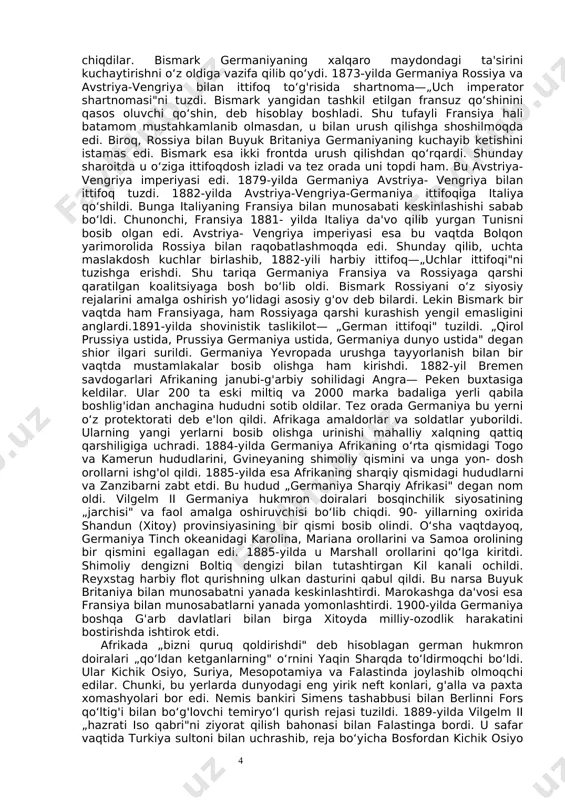 or tadbirlarni amalga oshirdi. bu o‘rinda 1872- yilda qabul qilingan maxsus qonun muhim ahamiyatga ega bo‘ldi. unga ko‘ra, maktab cherkovdan ajratildi. ruhoniylarning siyosiy tashviqot olib borishi taqiqlandi. ruhoniy kadrlar tayyorlash, ularni vazifalarga tayinlash ishlarini davlat o‘z qo‘liga oldi.fuqarolik holati aktlarini qayd etish ishlari ham (tug'ilish, nikoh, vafot etganlik) dunyoviy idoralar ixtiyoriga o‘tkazildi. bismarkning katolik cherkovi ta'siriga qarshi qo‘llagan tadbirlari „kultur kampf (madaniyat uchun kurash) degan nom oldi.bismark hukumati, ayni paytda, ishchilar va sotsialistik harakatni ayovsiz bostirish siyosatini yuritdi. bu davrda 1875-yilda tashkil etilgan germaniya sotsial-demokratik partiyasining (gsdp) ta'siri o‘sib borayotgan edi. chunonchi, 1877-yilgi parlament saylovida bu partiya 12 ta deputatlik o‘rniga ega bo‘ldi.1878-yilda sotsialistlarga qarshi favqulodda qonun („sotsial- demokratlarning xavfli intilislilariga qarshi qonun" deb atalgan) qabul qilindi. uning qabul qilinishiga imperator vilgelm i ga nisbatan ikki bor uyushtirilgan suiqasd bahona bo‘ldi. bu suiqasdni sotsialistlar uyushtirmagan edi. shunday bo‘lsa-da, bismark ularni jamoat tartibini buzuvchilar deb hisoblardi. bu qonun partiya faoliyatini amalda …