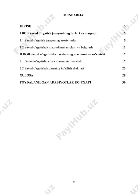 'quvchilarning intellektual rivojlanishini ta'minlashda katta rol o'ynaydi. kurs ishida savod o’rgatish jarayonida ishlatiladigan dars turlari, ularning maqsadi, mazmuni va ko’rinishlari haqida so’z yuritiladi. bu ishning maqsadi savod o’rgatish jarayonida o’qitishning samarali dars turlarini o’rganish, har bir dars edagog o’ziga xos maqsadlarini va uning metodlarini chuqur tahlil qilishdir. shuningdek, kurs ishida edagogic metodlarni o’rgatish va savod o’rgatishda dars shakllarining samarali qo’llanilish usullarini tahlil qilishga alohida e’tibor qaratiladi. kurs ishining maqsadi: -savod o'rgatish jarayonida turli dars turlarining samaradorligini tahlil qilish. -har bir dars tipining maqsadi va mazmunini o'rganish. -o’qituvchilarning edagogic faoliyatida dars turlarining amaliy qo’llanilishini o’rganish. kurs ishining vazifalari: -savod o'rgatish jarayonidagi dars turlarini tasniflash va ularning har birini alohida tahlil qilish. -dars turlarining maqsadlari va vazifalarini aniqlash. -darslarning samarali o'qitilishi uchun pedagogik yondashuvlarni o'rganish. -savod o'rgatish jarayonidagi dars shakllarining ko'rinishlarini va ularning ta'limdagi ahamiyatini tahlil qilish. savod o'rgatish jarayonida eng samarali natijalarga erishish uchun dars turlarining mazmuni va metodlarini o'rganish muhimdir. …