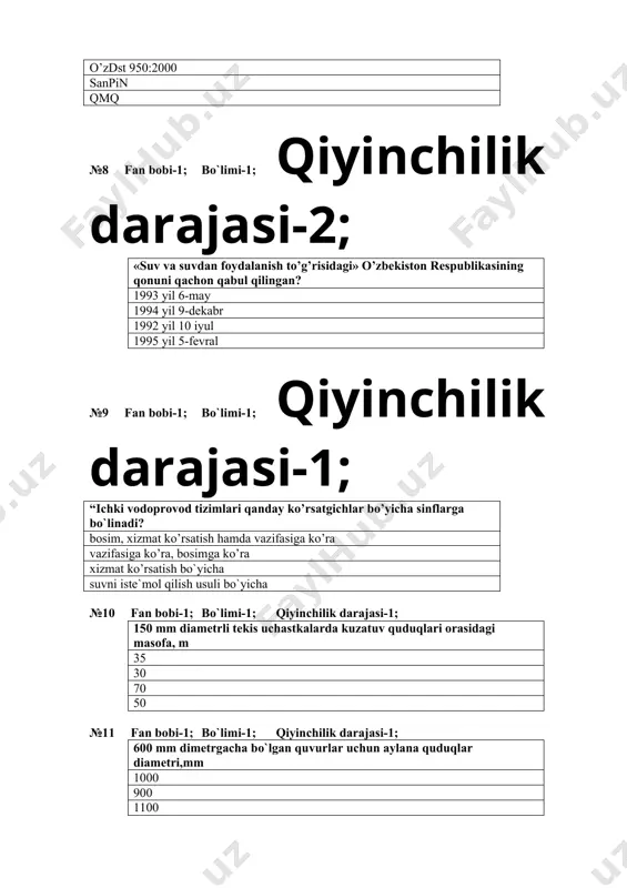 o’rsatish hamda vazifasiga ko’ra vazifasiga ko’ra, bosimga ko’ra xizmat ko’rsatish bo`yicha suvni iste`mol qilish usuli bo`yicha №10 fan bobi-1; bo`limi-1; qiyinchilik darajasi-1; 150 mm diametrli tekis uchastkalarda kuzatuv quduqlari orasidagi masofa, m 35 30 70 50 №11 fan bobi-1; bo`limi-1; qiyinchilik darajasi-1; 600 mm dimetrgacha bo`lgan quvurlar uchun aylana quduqlar diametri,mm 1000 900 1100 1500 №12 fan bobi-1; bo`limi-1; qiyinchilik darajasi-1; aholi suv iste'moli me'yori nimalarga bog'liq? binoning sanitar texnik jixozlanganlik dajasiga va mahalliy iqlim sharoitiga mahalliy sharoitiga bog'lik bino joylashgan relefiga bino qavatiga binoning sanitar jixozlanganlik dajasiga №13 fan bobi-1; bo`limi-1; qiyinchilik darajasi-2; bir jixozga tushuvchi suv sarfi rakavina uchun qancha etib belgilangan 0.2 0.02 0.03 0.01 №14 fan bobi-1; bo`limi-1; qiyinchilik darajasi-2; bir pogonali dispetcherlik xizmati kichik shxarlarda, ya`ni muhandislik tarmoqlarini uzunligi 50 kmdan oshmagan xollarda xizmat qiladi. 70-80 kmdan oshmagan xollarda xizmat qiladi. 10 kmdan oshmagan xollarda xizmat qiladi. 50 kmdan oshgan xollarda xizmat qiladi. №15 fan …