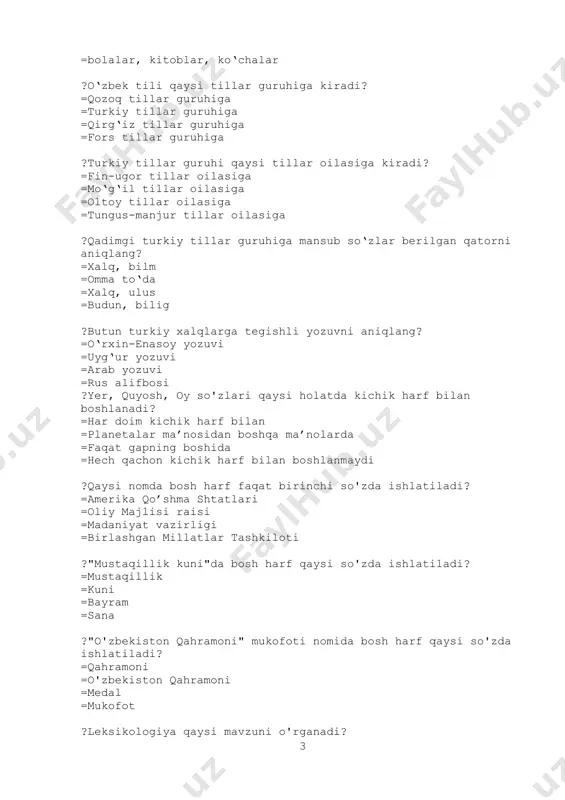 =faqat gapning boshida =hech qachon kichik harf bilan boshlanmaydi ?qaysi nomda bosh harf faqat birinchi so'zda ishlatiladi? =amerika qo’shma shtatlari =oliy majlisi raisi =madaniyat vazirligi =birlashgan millatlar tashkiloti ?"mustaqillik kuni"da bosh harf qaysi so'zda ishlatiladi? =mustaqillik =kuni =bayram =sana ?"o'zbekiston qahramoni" mukofoti nomida bosh harf qaysi so'zda ishlatiladi? =qahramoni =o'zbekiston qahramoni =medal =mukofot ?leksikologiya qaysi mavzuni o'rganadi? =so'z va uning lug'aviy ma'nosi =fe'llar va ularning shakllari =grammatik tizimlar =tilning fonetik tuzilishi ?so'zning lug‘aviy ma’no qanday ma’no turiga kiradi? =grammatik ma’nosi =atash ma’nosi =morfologik ma’nosi =ijtimoiy ma’nosi ?so‘zlarning lug‘aviy ma’nolari qaysi manbada beriladi? =“o‘zbek tilining izohli lug‘ati” =“o‘zbek tilining grammatik lug‘ati” =“o‘zbek tili ta’limoti” =“o‘zbek tilining tasviriy lug‘ati” ?grammatik ma’no nima anglatadi? =faqat bitta ma’no anglatadigan so‘z =bir turkumga mansub so‘zlar uchun umumiy ma’no =so‘zlarning ma’nosining o‘zgarishi =so‘zning nutqdagi o‘rni ?bir ma’noli so‘zlar qanday ataladi? =monosemantizmlar =polisemantizmlar =olmoshlar =metaforalar ?ko‘p ma’noli so‘zlar qanday usul bilan yangi ma’no oladi? =ko‘chma ma’no =faqat …