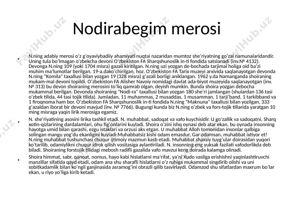 goh bo’ling yorning vasli emas ozorsiz, gulshan ichra gul topilmas xorsiz. ul parivash vaslidin bo’ldim judo, rohati dil qolmadi dildorsiz. yor uchun ag’yor dardin tortaman, ko’rmadim bir yorni ag’yorsiz. tan buzuldi, endi rohat qolmadi, soya paydo bo’lmadi devorsiz. berma nisbat qaddiga, ey bog’bon, sarvdur bu bog’ aro raftorsiz. nodira ahvolidin ogoh bo’ling, (ey musohiblarki, qolmish yorsiz). muhabbatsiz kishi odam emasdur na gul sayr ayla, na fikri bahor et, jahondin kech, xayoli vasli yor et. muhabbatsiz kishi odam emasdur, gar odamsan, muhabbat ixtiyor et. uzoru qaddu raftoringni ko’rsat, chaman sarvu gulini sharmisor et. labi maxmurdadurmen, jomi may tut, karam qil, soqiyo, daf’i humor et. “analhaq” mojarosin aylading fosh, kel, ey mansur, istiqboli dor et. duru ashku aqiqi xuni dilni kelu yoring ayog’ig’a nisor et. kuyib, ey nodira, olam elig’a muhabbat shevasini oshkor et. uvaysiy jahon otin uvaysiy (1780—1845) atoqli shoira, oʻzbek shoirlari murabbiysi jahonotin uvaysiy margʻilonda tugʻilgan. otasi siddiq bobo ikki …