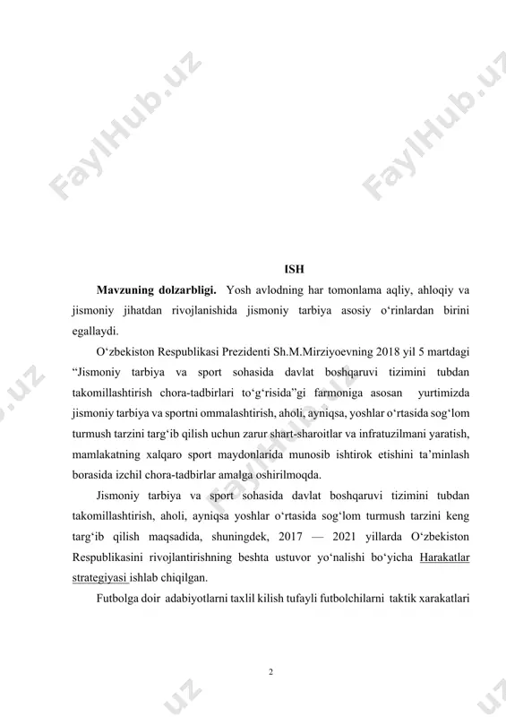 rning o‘yin davomida muvaffaqiyatga erishishlariga katta ta’sir ko‘rsatadi. har bir futbolchi o‘zining texnik qobiliyatlarini yaxshilash va rivojlantirish orqali jamoasiga yordam berishi mumkin. texnik tayyorgarlik, shuningdek, futbolchilarning individual ko‘nikmalarini, raqibni tushunish va jamoa bilan samarali ishlashini ta'minlaydi.[footnoteref:1] [1: akramov r.a., talibdjanov a. – v kn. “yukori malakali futbolchilarni tayyorlash”. tashkent – 1994 y.] bu kurs ishining maqsadi futbolchilarning texnik tayyorgarligini o‘rganish, uning turli jihatlarini tahlil qilish va sportchining individual rivojlanishi uchun qanday mashqlarni bajarish zarurligini ko‘rsatishdan iboratdir. kurs ishining maqsadiga erishish uchun, futbolchilarning texnik tayyorgarligi bo‘yicha turli ilmiy manbalar, o‘quv resurslari va amaliy mashg‘ulotlar tahlil qilinadi. bunda, futbolchilarning texnik ko‘nikmalarini rivojlantirishga yo‘naltirilgan mashqlar, jamoaviy va individual mashg‘ulotlar tahlil qilinadi. shuningdek, texnik tayyorgarlikning samaradorligini oshirish uchun jismoniy va psixologik tayyorgarlikning o‘zaro bog‘liqligi ko‘rib chiqiladi. ishning maqsadi: o’quvchilarga futbol sport turini rivojlanish bosqichlarini o’yin texnikasi va taktikasini darslarda o’rgatish va hayotga tadbiq qilish. ishining vazifasi. 1. futbol darsida o`yin texnikasining asosiy nazariy tomonlarini …