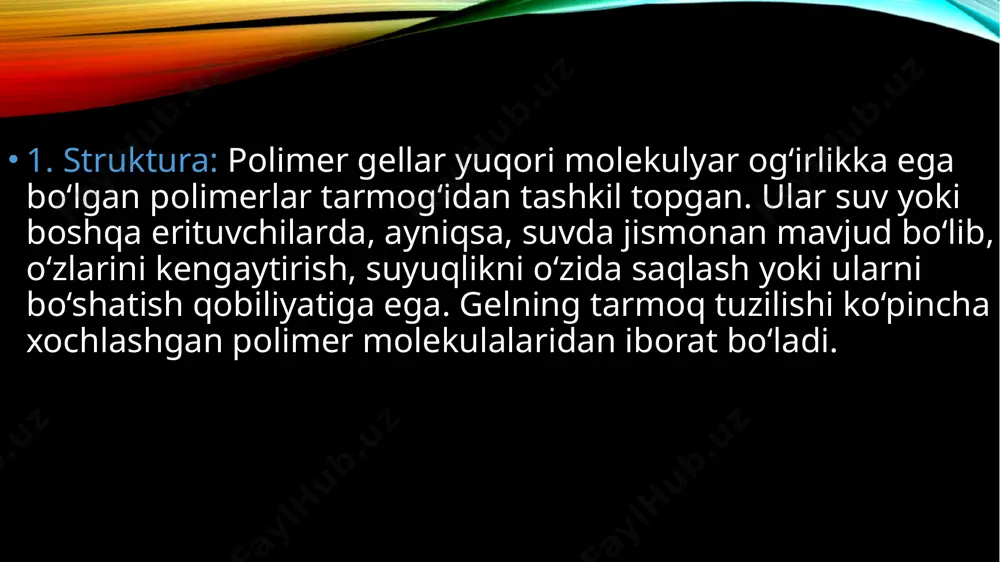 yuqori kristallanish darajasi materialga yuqori mexanik kuch, qattiqlik va issiqlik qarshiligini beradi. kristall polimerlar, odatda, yaxshi mexanik va termal xususiyatlarga ega, ammo ular kamroq elastik bo‘lishi mumkin. past kristallanish darajasi: amorf polimerlar yuqori darajada elastik bo‘ladi, lekin ularning mexanik mustahkamligi pastroq bo‘ladi. ular ko‘proq o‘zgarmas va yumshoq bo‘ladi, ammo kamroq issiqlik qarshiligiga ega bo‘ladi. kristallanish darajasining o‘lchash usullari: difraksion tahlil (xrd): kristallanish darajasini aniqlashning eng keng tarqalgan usuli. bu usulda polimerning difraksion spektri olinadi va kristall va amorf fazalarining nisbatlari aniqlanadi.termogravimetrik tahlil (tga): bu usulda polimerning issiqlik ta'sirida qanday o'zgarishlar yuz berishini o'lchab, uning kristallanish darajasi haqida ma'lumot olish mumkin.differensial skanerlash kalorimetrisi (dsc): kristallanish darajasini o‘lchashda yana bir usul bo‘lib, bu polimerning erish nuqtasi va amorf qismning xususiyatlarini o‘rganadi. kristallanish darajasi — polimerning kristall va amorf qismlari orasidagi nisbatni ko'rsatadi va uning mexanik, termal xususiyatlari bilan bevosita bog`liqdir. polimerlarning kristallanish darajasi ularning texnologik xususiyatlarini (masalan, elastiklik, mustahkamlik, issiqlik qarshiligi) belgilaydi, …