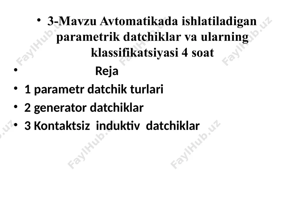 yektni snbuyurilgani, 0 dan 81% diapazonida (datchikni sezgir boshini yuzasidan). datchiklarni ishga tushish intervali atrof mihitni haroratiga bog`liq. datchik, ta‘sir etuvchi ob‘yektga (qurilmalarni qo`zg`aluvchan elementi) va qurilmani sezgir elementi yuzasiga parallel o`rnatiladi. kontaktsiz sig`im ochirgichlarning ishlash prinsipi: sig`im datchiklari kondensator plastinalari aktiv yuzasi hiqarilgan ko`rinishdagi sezgir elementdan iborat. sig`im sensorlarini ishlash prinsipi kondensatorni geometrik ko`rinishini o`zgarishiga (plastinalar orasidagi masofani o`zgarishi), yoki plastinalar orasiga turli materiallarni joylashtirib sig`imni o`zgartirishga (elektro`tkazuvchan va dielektrik) asoslangan bolib , bu holda sig`im kattaligi o`zgaruvchan elektr signaliga o`zgartiriladi. foydalanilgan adabiyotlar handbook o f modem sensors physics designs and applications. 2004, 1996 springer-verlag new york, inc. /perevod s angl. sovremennue datchiki. pod redaksiey d.fraydena.-moskva: texnosfera. 2005. - 470 s. / r.g.jackson. novel sensors and sensing. taylor & francis group llc, 2004./perevod s angl. noveyshie datchiki. djekson r.g .-moskva: texnosfera. 2007. - 3 8 4 s ./ voxidov a.x. abdullaeva d.a. avtomatikaning texnik vositalari. t..tim1, 2011.180 b. qo‘shimcha …