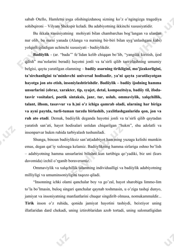 gi va badiiylik adabiyotning milliyligi va umuminsoniyligini taqozo qiladi. “insonning ichki olami qanchalar boy va go’zal, hayot sharobiga limmo-lim to’la bo’lmasin, buloq singari qanchalar qaynab toshmasin, u o’ziga tashqi dunyo, jamiyat va insoniyatning manfaatlarini chuqur singdirib olmasa, nomukammaldir... tirik inson o’z ruhida, qonida jamiyat hayotini tashiydi, beixtiyor uning illatlaridan dard chekadi, uning iztiroblaridan azob tortadi, uning salomatligidan yashnab ketadi, saodatidan baxtiyor bo’ladi”,1 ekan, demak, san’atkor doimo milliydir. uning milliyligi umuminsoniyligidan, insoniyatga muhabbatidan kelib chiqmog’i lozim. chunki xalq hayoti bilan mustahkam bog’langan adabiyot har bir xalqning o’ziga xos urf-odatlarini, ruhiyatini, fikrlash, yashash tarzini akslantirishi tabiydir-ki, bu – adabiyotning milliyligini vujudga keltiradi. va bu milliylik shu adabiyotni yaratgan daholarning ijodlarida, ularning eng yaxshi asarlarida yaqqol ko’zga tashlanadi. jumladan, navoiy, bobur, mashrab, yassaviy, g’.g’ulom, h.olimjon, a.oripov, e.vohidovlar butun dunyoda sevilib o’qiladi. chunki ularning asarlarida o’zbek xalqining “o’zligi”, xarakteri chuqur ifodalanganidan tashqari, ularda insoniyat uchun, inson uchun zarur bo’lgan muammolar tasvir va tahlil qilinganidan …
