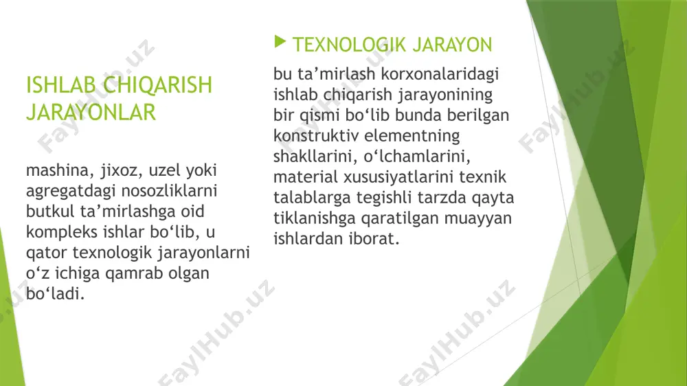 q ish m uddatlarini aniqlash va oldindan bilishning organoleptik usullarini (odamning sezish a’zolari yordamida: eshitish, ko‘rish, hid bilish), nuqsonlarni aniqlash uchun diagnoz qo‘yish asboblarini keng joriy etish; 6) texnik xizmat ko‘rsatish ishlarini majburiy ravishda bajarish; 7) mashinalar va ular qismlarining haqiqiy texnik holatiga qarab, talab etilgandagina ta’mirlash; 8) mashinalarni ishlatish jarayonida texnik xizmat ko'rsatish qoidalariga, ta’mirlash va nuqsonlarni bartaraf etishda ularning ish qobiliyatini tiklash texnik shartlariga rioya qilish. mashinalarni ta’mirlash texnologiyasi sifatini oshirish uchun quyidagilarni bajarish zarur 1. qismlar va agregatlaming sirti yuviladi, detallar kirdan (qurum, smolali cho‘kindi, tuzli cho‘kindi va boshqa kirlardan) tozalanadi. buning uchun zamonaviy yuvish mashinalaridan, tarkibida spirt-faol moddalar bo‘lgan yuvish eritmalaridan foydalaniladi. 4. detallar og'irligi bo‘yicha tanlab, komplektlanadi (butlanadi), shunda taxtakachlab kiygiziladigan detallar qizdiriladi, mahkamlanadigan detallar dinamometrik (kuch o‘lchovchi) kalitlar bilan burab qotiriladi va hokazo 3. detallar va qo‘shilmalami yaroqli-yaroqsizga ajratishda texnik shartlardan va zamonaviy asboblar, kalibrlar, andozalar va hammabop (universal) aniq o‘lchash asboblaridan foydalaniladi. 2. …