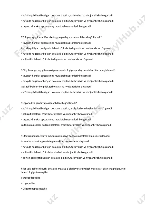 murakkab nuqsonlarini o‘rganadi nutqida nuqsonlar bo‘lgan bolalarni o‘qitish,tarbiyalash va rivojlantirishni o‘rganadi ? maxsus pedagogika va maxsus psixologiya qanday masalalar bilan shug’ullanadi? tayanch-harakat apparatning murakkab nuqsonlarini o‘rganadi = nutqida nuqsonlar bo‘lgan bolalarni o‘qitish, tarbiyalash va rivojlantirishni o‘rganadi = aqli zaif bolalarni o‘qitish,tarbiyalash va rivojlantirishni o‘rganadi = ko‘rish qobiliyati buzilgan bolalarni o‘qitish, tarbiyalash va rivojlantirishni o‘rganadi ? kar yoki zaif eshituvchi bolalarni maxsus oʻqitish va tarbiyalash masalalari bilan shug’ullanuvchi defektologiya tarmogi bu surdopedagogika = logopediya = oligofrenopedagogika = tiflopedagogika ? koʻr va zaif koʻruvchi bolalarni oʻqitish, tarbiyalash hamda ularni mehnatga tayyorlash masalalari bilan shug’ullanuvchi defektologiya tarmog’i bu = oligofrenopedagogika tiflopedagogika = surdopedagogika = logopediya ? aqli zaif bolalarni oʻqitish, tarbiyalash, korreksiyalash (tuzatish), ijtimoiy xayotga jalb etish masalalari bilan shug’ullanuvchi defektologiya tarmog’i bu = surdopedagogika = tiflopedagogika = logopediya oligofrenopedagogika ? nutqsagi kamchilik (duduqlik, til rivojlanmaganligi, oʻqish va yozuvdagi nuqsoni va boshqalar) sabablari, ularning oldini olish, tuzatish yoʻllarini hamda nutq faoliyati buzilishi mexanizmlari …
