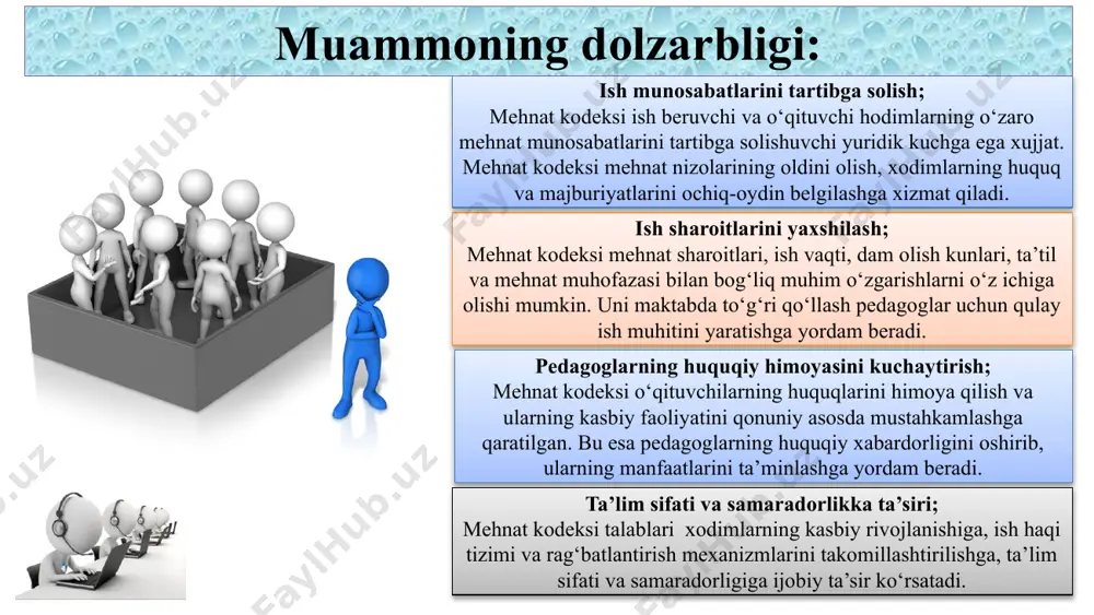 alar qanday bajarilayotganini tahlil qilish. kamchiliklarni bartaraf etish – monitoring natijalari bo‘yicha zarur tuzatishlar kiritish. mamlakatdagi mehnat qonunchiligidagi o‘zgarishlarni kuzatish – kelajakda ham samarali qo‘llash uchun yangiliklardan xabardor bo‘lish. 7 mavzu yuzasidan xorijiy davlatlar tajribalari finlyandiya o‘qituvchilar shaxsiy ish rejasiga ega bo‘lib, dars berish uslublarini erkin tanlash huquqiga ega. mehnat kodeksi asosida maktablarga o‘qituvchilarga qo‘shimcha kasbiy rivojlanish kurslarini taklif qilish majburiyati yuklangan. aqsh o‘qituvchilar shtatlar bo‘yicha turli xil shartnomalar asosida ishlaydi. ayrim shtatlarda doimiy shartnomalar mavjud bo‘lsa, ayrimlarida muddatli shartnomalar (contract-based employment) amalda. masalan, illinoys shtatida o‘qituvchilarni ishdan bo‘shatish faqat avvaldan ogohlantirish va hujjatlashtirilgan sabablar asosida amalga oshiriladi. germaniyada ko‘plab davlat maktablari o‘qituvchilariga “beamtenstatus” (davlat xizmatchisi maqomi) beriladi, bu ularga doimiy ish o‘rni va pensiya kafolatlarini ta’minlaydi. beamtenstatus maqomi bo‘lgan o‘qituvchilar ishdan bo‘shatilishdan himoyalangan va ularga uzoq muddatli ish barqarorligi ta’minlanadi. mehnat kodeksi asosida ishdan bo‘shatish faqat rasmiy sabablarga asoslanishi shart. 8 9 t/r amaldagi holat (o’zbekistonda) amaldagi holat (xorijda) …