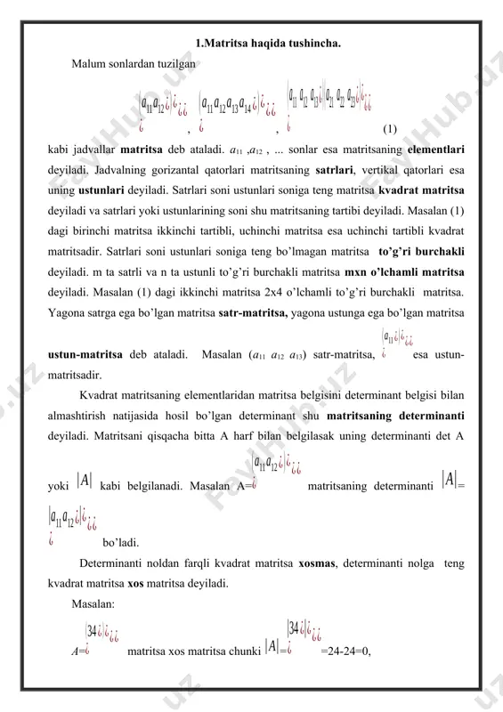 (k aiκ). misol. amallarni bajaring: matritsalarni qo‘shish va songa ko‘paytirish amallari quyidagi xossalarga bo‘ysinadi: 1) a + b = b + a; 2) a + (b + c) = (a + b) + c; 3) k(a + b) = ka + kb; 4) k(na) = (kn)a ; 5) (k + n)a = ka + na. agar a matritsaning ustunlari soni b matritsaning satrlari soniga teng bo‘lsa, a va b matritsalar o‘zaro zanjirlangan matritsalar deyiladi. o‘zaro zanjirlangan matritsalarni ko‘paytirish mumkin. n x m o‘lchamli a = (aiκ) matritsani m x p o‘lchamli b = (biκ) matritsaga ko‘paytmasi n x p o‘lchamli c = (ciκ) matritsaga teng bo‘lib, uning ciκ elementlari quyidagicha aniqlanadi , ya’ni ciκ element a matritsa i-satri elementlarining b matritsa k-ustuni mos elementlariga ko‘paytmalarining yig‘indisiga teng. masalan: matritsalarni ko‘paytirish quyidagi xossalarga bo‘ysinadi: 1. (ka)b = k(ab); 2. (a + b)c = ac + bc; 3. a(b + c) = …