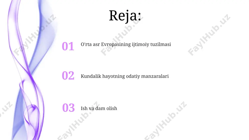 sh o'rta asr yevropasida, ayniqsa 13-asr parijida, odamlar dam olish uchun 3 kunlik cherkov bayramlaridan tashqari, haftasiga 1 kun dam olishgan. o'rta asr germaniyasida, 15-asrda, shaharlarning ko'pchiligida, 200 dan ortiq aholisi bo'lgan joylarda, har yili 1-2 ta yirik festival o'tkazilar edi. qonun va tartib 1348-yildagi buyuk vabo epidemiyasi yevropaning aholisini 30-60% ga qisqartirdi, bu esa ijtimoiy tartibni sezilarli darajada oʻzgartirdi va qonunlarning qayta koʻrib chiqilishiga olib keldi, ayniqsa, mehnat shartnomalari va yer mulkiyligi sohasida. germaniyaning baʼzi qishloqlarida, 15-asrda, mahalliy sudlar qonunbuzarliklar uchun, masalan, oʻgʻrilik yoki zoʻravonlik uchun, jazo sifatida 20 ta tayoq urish yoki 5 kunlik qamoq jazosi qoʻllashgan. savdo va savdo-sotiq germaniyaning köln shahrida o'tkazilgan yirik yarmarkalar yillik savdo hajmi 10 ming guldenni tashkil etgan bo'lib, bu butun mintaqaning iqtisodiyotini rivojlantirishda muhim rol o'ynagan. sharqiy yevropadagi savdo yo'llarida, masalan, vizantiya imperiyasi bilan savdo aloqalari orqali, qimmatbaho to'qimalar, ziravorlar va ipak kabi 20 dan ortiq turdagi eksport va import mahsulotlari …