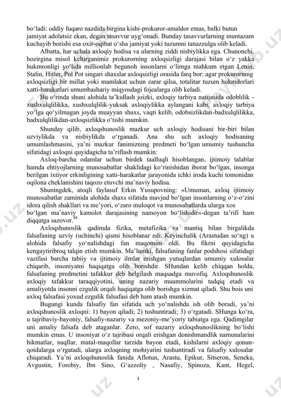 agondagi yo‘lovchilar hayotida darhol biror-bir ijobiymi, salbiymi - muhim o‘zgarish ro‘y bermaydi. xulqqa quyidagicha misol keltirish mumkin: mahallamizdagi oila boshliqlaridan biri imkon boricha qo‘ni-qo‘shnilarning barcha ma’rakalarida xizmatda turadi, qo‘lidan kelgan yordamini hech kimdan ayamaydi, ochiqko‘ngil, ochiqqo‘l, doimo o‘z bilimini oshirib borishga intiladi, tirishqoq, oila a’zolariga mehribon va h.k. unday odamni biz xushxulq inson deymiz va unga mahallamizning namunasi sifatida qaraymiz. bordi-yu, aksincha bo‘lsa, u qo‘ni-qo‘shnilar bilan qo‘pol muomala qilsa, to‘y-ma’rakalarda janjal ko‘tarsa, sal gapga o‘dag‘aylab, musht o‘qtalsa, ichib kelib, oilada xotin-bolalarini urib, haqoratlasa, uni badxulq deymiz. uning badxulqliligidan oilasi, tevarak-atrofdagi ba’zi shaxslar jabr ko‘radi, mahalladagilarning tinchi buziladi, lekin xatti-harakatlari jamiyat ijtimoiy hayotiga yoki insoniyat tarixiga biror-bir ko‘zga tashlanadigan ta’sir o‘tkazmaydi. biroq, bu fikrlardan odob va xulqning jamiyatdagi roli u qadar ahamiyatli emas ekan, degan xulosa chiqmasligi kerak; fuqarolar orasida odoblilik va xushxulqlilikning keng yoyilishi jamiyat axloqiy hayotigagina emas, balki butunisicha ijtimoiy taraqqiyotga ham ijobiy ta’sir ko‘rsatadi. bu ta’sir tufayli garchand …