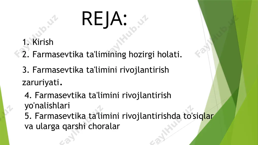 ol joriy etish. amaliy mashg'ulotlar: dori-darmonlarni ishlab chiqarish, sinovdan o'tkazish va ularni bemorlarga yetkazish bo'yicha amaliy mashg'ulotlarni kuchaytirish. xalqaro hamkorlik: dunyodagi ilg'or universitetlar va ilmiy markazlar bilan tajriba almashish va ilmiy izlanishlarni rivojlantirish. 5. farmasevtika ta'limini rivojlantirishda to'siqlar va ularga qarshi choralar resurslar etishmovchiligi: innovatsion texnologiyalarni ta'lim jarayoniga integratsiya qilish uchun zaruriy infrastruktura va moliyaviy resurslar yetishmaydi. bu muammoni hal qilish uchun davlat tomonidan moliyaviy yordam va grantlar taqdim etilishi zarur. o'qituvchilarning malakasi: o'qituvchilarni doimiy ravishda malaka oshirish kurslari va ilmiy konferensiyalar orqali qayta tayyorlash. innovatsiyalarni joriy etish: farmasevtika sohasida yangi texnologiyalar va metodlarni o'qitishda keng qo'llash, o'quv dasturlarini yangilash. 6. xulosa farmasevtika ta'limini rivojlantirish, dori-darmonlar va ularning samaradorligini ta'minlash borasida muhim qadamdir. ta'lim tizimida o'zgarishlar qilish, yangi texnologiyalarni qo'llash va ilmiy-tadqiqot ishlarini rivojlantirish jamiyat salomatligini yaxshilashda katta ahamiyatga ega. o'zbekiston farmasevtika ta'limini takomillashtirish uchun xalqaro tajribani o'rganish, yangi o'quv dasturlarini joriy etish va malakali mutaxassislar tayyorlash zarur. tavsiyalar: o'zbekistonda …