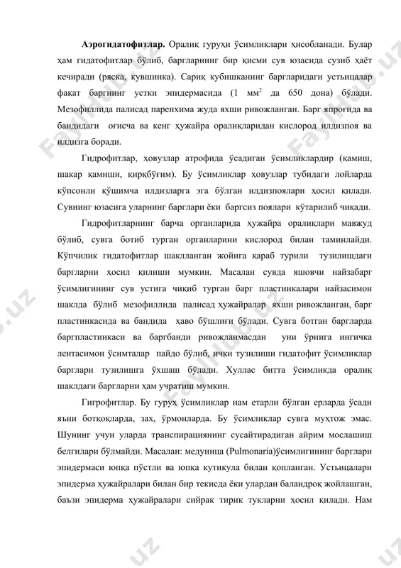 аргли ва пояли суккулент ўсимликлар ҳам учраб кўп вақтлар танасида сув сақлаб туришга мослашган. бу гуруҳ ўсимликлари яна баргларини турлича шакл ўзгартириб қисқартган (баргсиз, майда баргли, барг ўрнига ва поя ўрнига тиконларнинг ҳосил бўлиши яъни кладодии, филлоклодий, филлодиялар каби). ксерофитларнинг кўпчилигининг барглари дағал қалин кутикулали бўлиб склерофитлар (юнон. склерос - дағал) дейилади ёки склерофиллашган ўсимликлар дейилади. бу ўсимликларнинг барглари ва поялари қалин тук билан қопланган бўлади. анатомик тузилишлари транспирацияни камайтиришга мослашган. ксерофитларнинг анатомик тузилишига қараб уларнинг яшаш жойлари тўғрисида хулоса чиқазиш мумкин. ксероморф белгилар эпидермада яхшироқ кўринади. уларнинг ташқи ҳужайра пўсти қалинлашади. қалин кутикула эпидермани устики томонидан қоплаб устьица тирқишигача кириб боради. эпидерманинг устки томонида турли шаклдаги дон, таёқча, тангача барглар каби мум қаватлари пайдо бўлади. бу белгилардан ташқари турли қопловчи туклар, трихомалар учраб транспирацияни камайтиради. crassula falcata – барги эпидермасининг уст қисмида пуфакчасимон ўсимталар пайдо бўлади. бу ўсимталарнинг ичи сув билан тўлган бўлиб, баргни қизиб кетишидан сақлаб транспирацияни пасайтиради. …