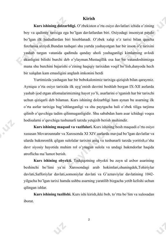 aqida atroflicha ma’lumot berish. kurs ishining obyekti. tadqiqotning obyekti bu zayn ul axbor asarining beshinchi bo’limi ya’ni xurosondagi arab hokimlari,shuningdek,tohiriylar davlati,safforiylar davlati,somoniylar davlati va g’aznaviylar davlatining 1042-yilgacha bo’lgan tarixi hamda ushbu asarning yaratilib bizgacha yetib kelishi uchun qilingan ishlar. kurs ishining tuzilishi. kurs ishi kirish,ikki bob, to’rtta bo’lim va xulosadan iborat. i bob muallif hamda asar haqida umumiy ma’lumot. 1.1abu said abdulhay haqida qisqacha ma’lumot gardiziy abu said abdulhay xi asr fors tarixchisi.uning hayoti haqida hech narsa ma’lum emas. uning nisbasidan ko’rinib turibdiki, u gardez shahridan bo’lib, g’aznadan hindiston yo’lida bir kunlik yo’l hisoblanadi.uning «zayn al-axbor» («xabar ziynati») asari g’aznaviy abd ar-rashid (1049-1053) davrida yozilgan.unda u o’z davri uchun juda ajoyib bo’lgan tarixning ochiq ko’rinishini taqdim etdi.ushbu asar 1050-1052-yillarda yozilgan.unda 1032-yilgacha boʻlgan fors shohlari, muhammad va xalifalar tarixi hamda xurosonning arablar istilosidan to 1041 yilgacha boʻlgan batafsil tarixi yoritilgan. bu yerda, shuningdek, yunon ilmiga oid risolalar ("dar maorif-i rumiyon"), turli …