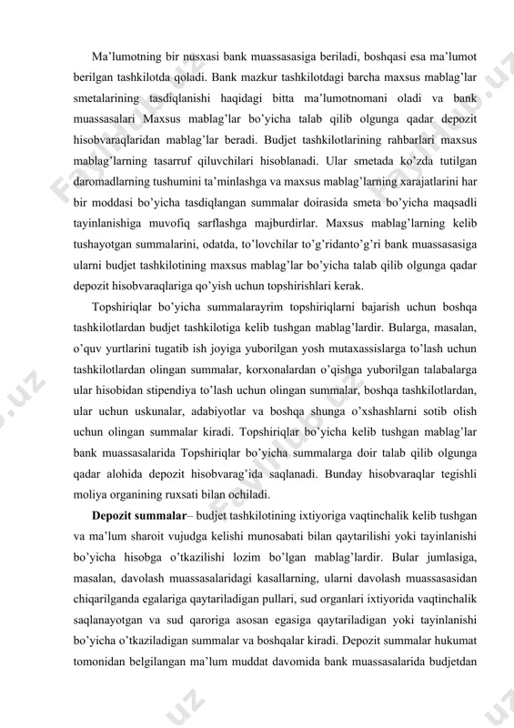 nining ruxsati bilan ochiladi. depozit summalar– budjet tashkilotining ixtiyoriga vaqtinchalik kelib tushgan va ma’lum sharoit vujudga kelishi munosabati bilan qaytarilishi yoki tayinlanishi bo’yicha hisobga o’tkazilishi lozim bo’lgan mablag’lardir. bular jumlasiga, masalan, davolash muassasalaridagi kasallarning, ularni davolash muassasasidan chiqarilganda egalariga qaytariladigan pullari, sud organlari ixtiyorida vaqtinchalik saqlanayotgan va sud qaroriga asosan egasiga qaytariladigan yoki tayinlanishi bo’yicha o’tkaziladigan summalar va boshqalar kiradi. depozit summalar hukumat tomonidan belgilangan ma’lum muddat davomida bank muassasalarida budjetdan tashqari mablag’lar bo’yicha talab qilib olgunga qadar depozit hisobvaraqlarida saqlanadi. bu muddat tugagandan so’ng talab qilib olinmagan summalar tegishli budjetning daromadiga o’tkaziladi. budjet tashkilotlarining budjetdan tashqari jamg’armalari - qonun hujjatlarida nazarda tutilgan manbalar hisobidan budjet tashkiloti tasarrufiga kelib tushadigan mablag’lardir germaniya federativ respublikasida budjet yili kalendar yili bilan mos keladi. federal budjet parlament - dev bundestag tomonidan tasdiqlanadi. federal budjetni tuzish, tasdiqlash va ijro etish kutilayotgan daromadlar va xarajatlarni aniqlash hamda buxgalteriya hisobini yuritish, budjet ijrosining haqiqiy aksini ko’zda …