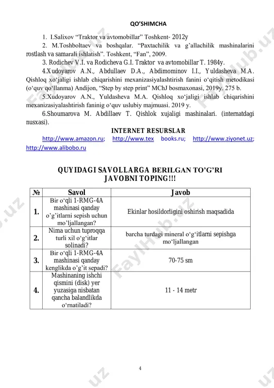 hini ayting va ishlatilishini tushuntirib bering. 5.1-rmg-4 ugit sepgichda sepiladigan o„g„it miqdori qanday rostlanadi? foydalanilgan adabiyotlar asosiy 1. hunt d. “farm power and machinery management”,usa, 2015 engineering principles of agricultural machines 2nd edition, ajit k. srivastava michigan state university carroll e. goering university of illinois 2.e.oyxo‟jaev, x.qo‟shnazarov «qishloq xo‟jalik ishlab chiqarishini mexanizatsiyalash» toshkent «mexnat», 1988. 3.a.i.komilov va boshqalar. “traktor va avtomobillar i va ii-qism”. toshkent,“to‟lqin”, 2011. 4.shoumarova m., abdillaev t. qishloq xo„jaligi mashinalari. toshkent, o„qituvchi, 2002. (darslik) 4 qo’shimcha 1. i.salixov “traktor va avtomobillar” toshkent- 2012y 2. m.toshboltaev va boshqalar. “paxtachilik va g‟allachilik mashinalarini rostlash va samarali ishlatish”. toshkent, “fan”, 2009. 3. rodichev v.i. va rodicheva g.i. traktor va avtomobillar t. 1984y. 4.xudoyarov a.n., abdullaev d.a., abdimominov i.i., yuldasheva m.a. qishloq xo„jaligi ishlab chiqarishini mexanizasiyalashtirish fanini o„qitish metodikasi (o„quv qo„llanma) andijon, “step by step print” mchj bosmaxonasi, 2019y. 275 b. 5.xudoyarov a.n., yuldasheva m.a. qishloq xo„jaligi ishlab chiqarishini mexanizasiyalashtirish faninig …