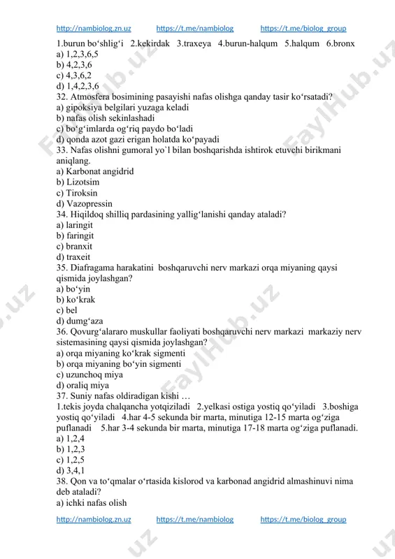 rak qafasining ekskursiyasi d) oʻpka ventilyatsiyasi 45. jismoniy mashqdan soʻng normal holatga necha minutdan soʻng qaytadi? a) 10-15 min b) 2-5 min c) 3-9 min d) 10-20 min 46. jismoniy mashqdan soʻng yurak qon tomir kasalligi bor odamlarda normal holatga necha minutdan soʻng qaytadi? a) 10-15 min b) 2-5 min c) 3-9 min d) 10-20 min 47. nafas harakatlari necha hil boʻladi? a) 3 b) 4 c) 2 d) 6. 48. qaysi organ oldingi tomondan til osti suyagi muskullari va teri, yon tomodan qon tomrlari va nerv tolalari, qalqonsimon bez bilan chegaralangan? a) kekirdak b) bronx c) hiqildoq d) qiziloʻngach 49. oʻpka alveolalarining qalinligi qancha? a) 0.04 mm b) 0.004mm c) 0.4mm d) 0.0004mm 50. o`pkaning tiriklik sig`imi (1), o`pka ventilyatsiyasi (2), nafas havosi (3) va tinch holatda bir minutda qabul qilinadigan kislorod (4) miqdori to`g`ri berilgan qatorni belgilang. a) 250-300 ml b) 500 ml c) 8000-9000 ml d) 1500 …