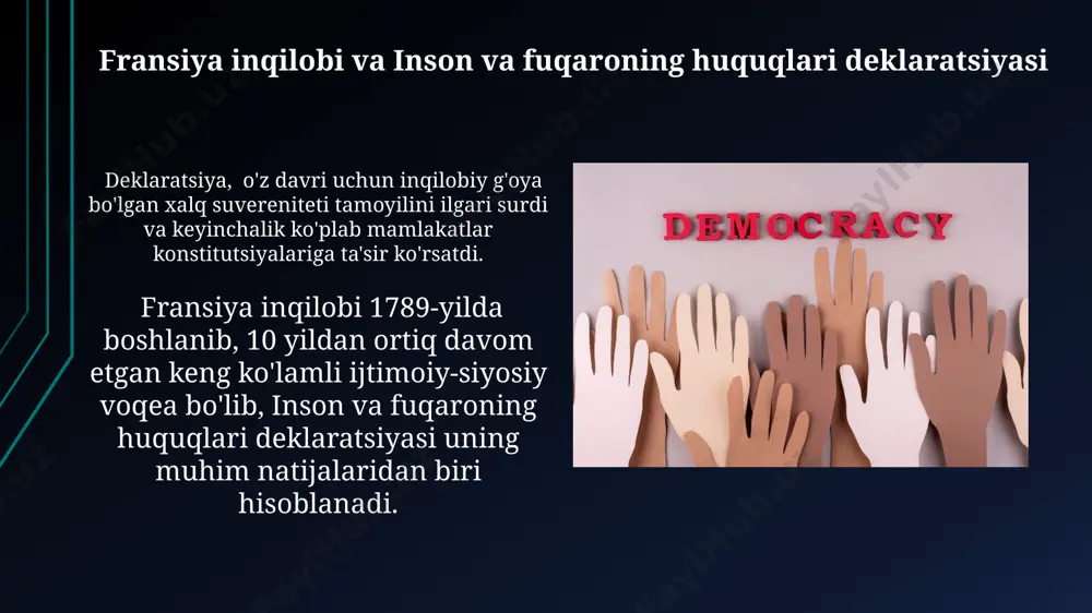 sning huquqiy himoyasi g'oyalarini, jumladan, qonun oldida tenglik va ijtimoiy ishtirok kabi tushunchalarni rivojlantirdi. xx asr boshlarida inson huquqlari xx asr boshlarida birinchi jahon urushidan keyin, 1919 yilda tuzilgan versal shartnomasi milliy ozodlik va o'z-o'zini boshqarish kabi yangi inson huquqlari tamoyillarini o'z ichiga oldi. xx asr boshlarida 1920-1930 yillar davomida ayollar huquqlari harakatining kuchayishi va saylov huquqiga erishish bo'yicha muhim yutuqlar qayd etildi, bu esa siyosiy ishtirokka yo'l ochdi. o'rta asrlar davrida inson huquqlari o'rta asrlar davrida cherkov qonunlari, kanon huquqi, insonning asosiy huquqlarini, masalan, adolatli sud jarayoniga bo'lgan huquqini belgilashga harakat qildi, ammo amalda bu huquqlar barchaga teng ravishda taalluqli emas edi. 1215-yilda qabul qilingan magna carta, ingliz monarxiyasining chegaralanishiga va odamlarning ba'zi huquqlarini himoya qilinishiga yordam berdi, bu huquqiy-siyosiy fikrlarning rivojlanishiga ta'sir ko'rsatdi. sovuq urush davrida inson huquqlari 1975-yilda yevropada xavfsizlik va hamkorlik konferentsiyasi (yxhk)da inson huquqlari boʻyicha helsinki yakuniy akti qabul qilingan boʻlsa-da, uning amalga oshirilishi sovet …