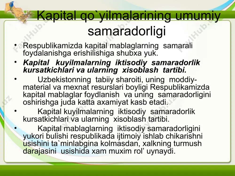 buladi. umumiy iktisodiy samaradorlik kursatchiga teskari bulgan ana bir kapital mablaglarning samaradorligini xarakterlovchi kursatkich bu- kapital kuyilmalarnin g uzini koplash darajasidir. bu kursatkich kuyidagicha formula bilan aniklanadi: k 110000 sk=-------------------- bundan misolimizda ------------------------=6,8 m-t 700000-540000 demak yukoridagi mosolimizdagi korxonada kapital mablaglarni umumiy iktisodiy samaradorlik kursatkichi 0,15% bulganda, sarflangan kapital mablaglar korxonani shu xolatda ishlash jarayonida 6,8 yilda koplanadi. bu kursatkichlardan tashkari kapital mablaglardan foydalanish samaradorligini xarakterlovchi yoki unga ta`sir etuvchi kursatchik xam mavjud bulib ular ishlab chikarish unumdorlingi fondo-otdacha (fond samaradorligi) maxsulot tan naxiuzgarishi maxsulot sifati kursatkichlari kabilardir. ushbu kursatkichlarning uzgarish xam u bu xolatda kapital mablaglarning samaradorlik kursatkichiga uz ta`sirini kursatadi. bozor iktisodiyti sharoitida davlat jamoa, kushma, kichik, xissadorlik, xususiy va boshka shakildagi mulkka ega bulgan korxonalar moliyaviy axvolining urganishning mazmuni shundan iboratki bunda uz vaktida pul tushumlarining kelishi, xisoblashish intizomiga rioya kilish xususiy va karz mablaglarning tugri nisbatda bulishining ta`minlash, moliyaviy tartib va intizomga, barcha ishlab chikarish buginlarida …