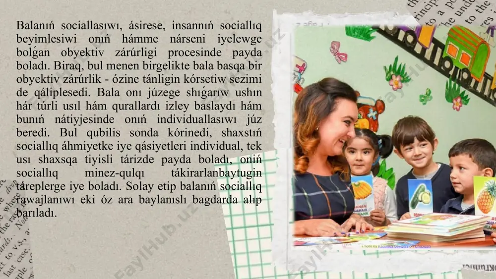 gi jagdayga mudamı beyimlesiw procesi esaplanadı; - shaxslararalıq baylanıslardı qamtıp aladı; - shaxstıń qáliplesiw procesin bagdarlaydı. sociallıq pedagog kásibi hám onıń wazıypaları usı kúnge shekem sociallıq pedagogtıń wazıypası bir-biri menen baylanıslı bolgan medicina, sport, miliciya, mádeniyat shólkemleriniń xızmetkerlerine júklep kelindi. nátiyjede jámiyet aǵzalarınıń sanasında balalar tárbiyası menen tek ǵana muǵallim hám ata-analar shuǵıllanıwı kerek, degen pikir ornalasıp qaldı. elimizde sociallıq jumıstı kásip dárejesine alıp shıǵıw hám bul baǵdarda qánige kadrlardı tayarlaw jámiette tárbiyalıq mashqalalardı sheshiwde adamlardıń jasaw sharayatın jaqsılawda, eń tiykarǵısı hár bir jámiet aǵzasın sociallıq qorǵawda úlken áhmietke ie. sociallıq pedagogqa qoyılatuǵın kásiplik talaplar: ijtimony informaciya beriw, yaǵnıy balalarǵa beriletuģın sociallıq járdem hám xizmet kórsetiw haqqında magliwmat beriw; sociallıq-huqıqıy járdem, yagniy balalarǵa, jámiyet aǵzalarına óz huqıqların ańlawına járdem beriw; sociallıq-reabilitaciyalıq xızmet, yaǵnıy insannıń ruwxiy-ádep-ikramlılıq, emocional, ruwxiy jaǵdayların tiklewge járdemlesiw, sociallıq-ekonomikalıq járdem, yaǵnıy napaqa, kompensaciya, napaqalar alıwda birge islesiw balalar úyleri pitkeriwshilerine, jetimlerge materiallıq járdemdi shólkemlestiriw. sociallıq-medicinalıq járdem kórsetiw, yaǵnıy …
