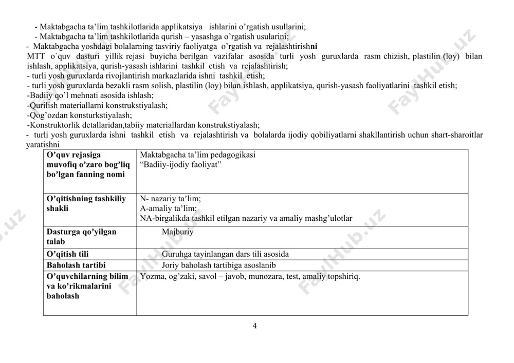 xasi) 1 maktabgacha ta’lim tashkilotlarining va oilada bolalarni tasviriy san`at turlari bilan tanishtirish 3 2 1 1 1 2 “o`zekiston respulikasining ilk va maktabgacha yoshdagi bolalar rivojlanishiga qo`yiladigan davlat talablari”ni o`rganish 3 2 1 1 1 3 maktabgacha ta`lim tashkilotlarida rasm chizishga o`rgatish 3 2 1 1 1 4. noan'anaviy chizish turlari 3 2 1 1 1 5. kichik guruhlarda ijodiy rivojlanish markazlaridagi rasm chizish bo`yicha mashg`ulotlarni rejalashtirish. 3 2 1 1 1 6. maktabgacha ta’lim tashkilotlarining o`rta guruhyoshidagi bolalarini rasm chizishga o`rgatish 3 2 1 1 1 7. o`rta guruh bolalarini alohida predmetlarning rasmini chizishga o’rgatishning vazifalariю 3 2 1 1 1 8. maktabgacha ta’lim tashkilotlarining katta guruhyoshidagi bolalarini rasm chizishga o`rgatish. 3 2 1 1 1 9. katta guruh bolalarini dekorativ rasm chizishga o’rgatishning vazifalari 3 2 1 1 1 10. maktabga tayyorlov guruh bolalarini alohida predmetlarning rasmini chizishga o’rgatishning vazifalari. 3 2 1 1 1 11. maktabga …