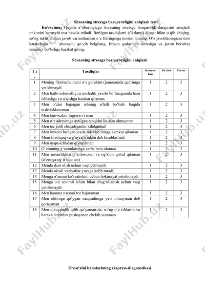 shaxsning stressga barqarorligini aniqlash testi — DOCX